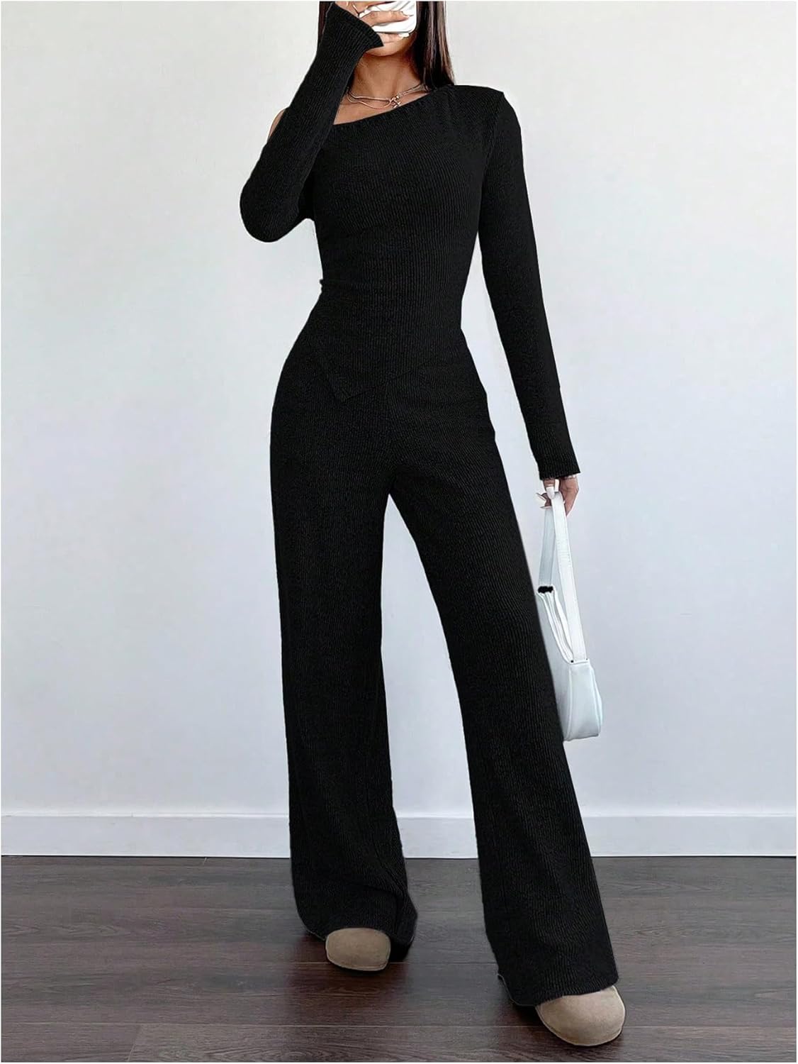 SweatyRocks Women's Off The Shoulder 2 Piece Outfits Long Sleeve Top and Wide Leg Pants Sets - Image 5