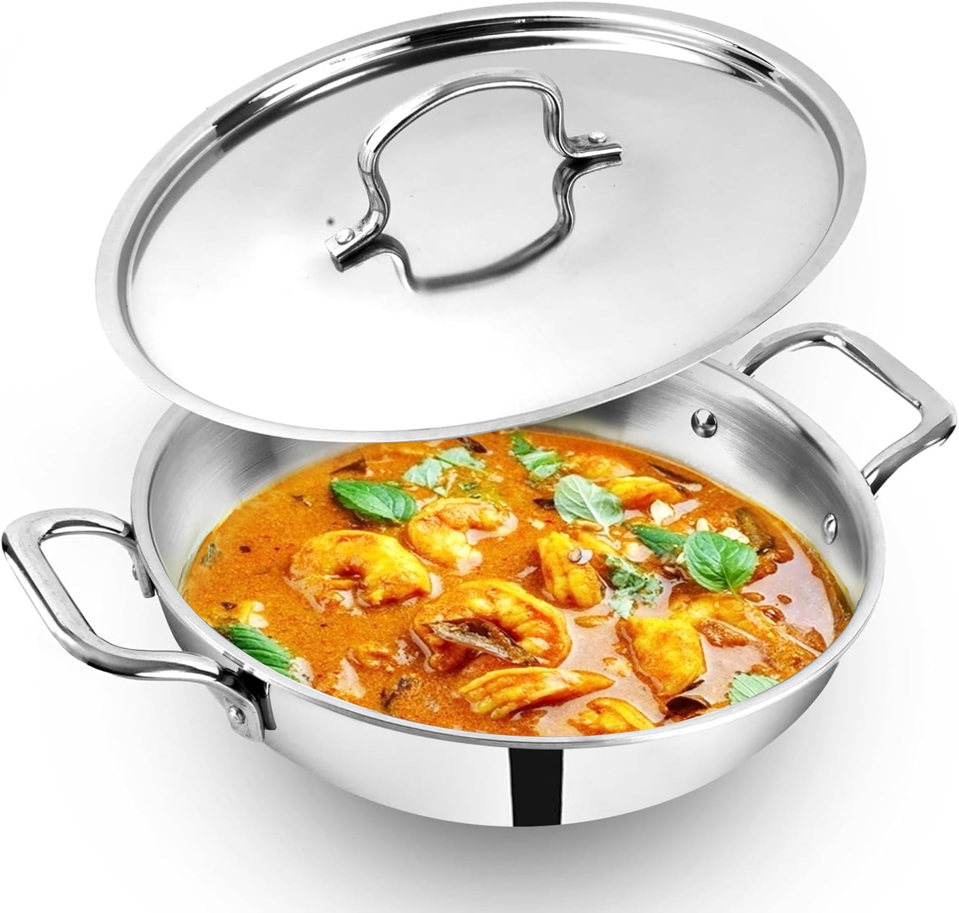 The Indus Valley Triply Stainless Steel Kadai/Kadhai with Steel Lid | 30cm/11.8 inch, 4.5Ltr, 2.4kg | Induction Friendly | Nonstick 3-Layer Body, 100% Toxin-Free, No Chemical Coating