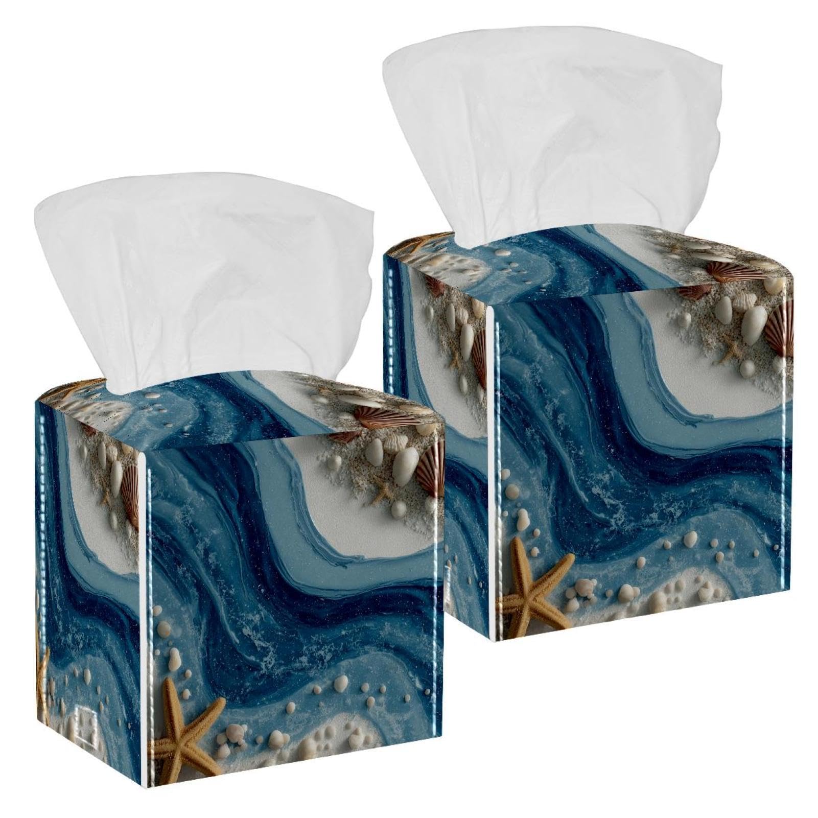 Starfish and Shells Tissue Box Cover, 2 Pack PU Leather Square Facial Tissue Dispenser Box holder for Home Office Car