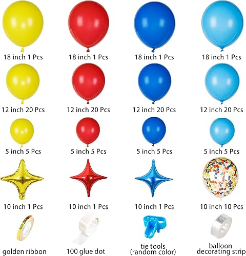 Miniatura 5 de JOYYPOP Kit de arco de globos de carnaval con 123 globos de confeti de látex de arcoíris rojo, azul, amarillo, para decoraciones de fiesta de