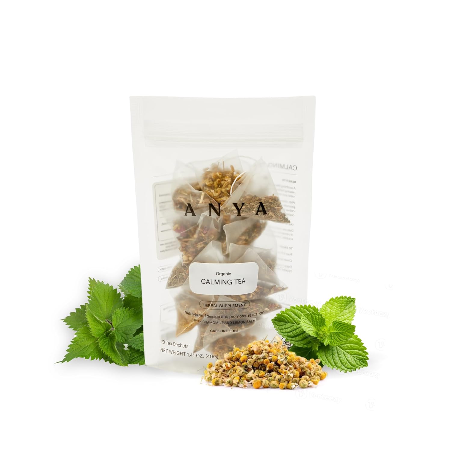 ANYA Calming tea, 20ct - Chamomile, Lemon Balm, Nettle leaf, Breastfeeding Safe, 100% Organic, Non-GMO, Gluten free, Biodegradable. Essential nutrients for Postpartum Moms Baby Shower Gifts