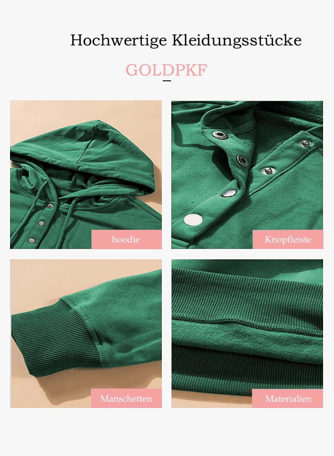GOLDPKF Hoodie Damen 1/4Knopfleiste Leichter Pullover für Den Kapuzenpullover V-Ausschnitt