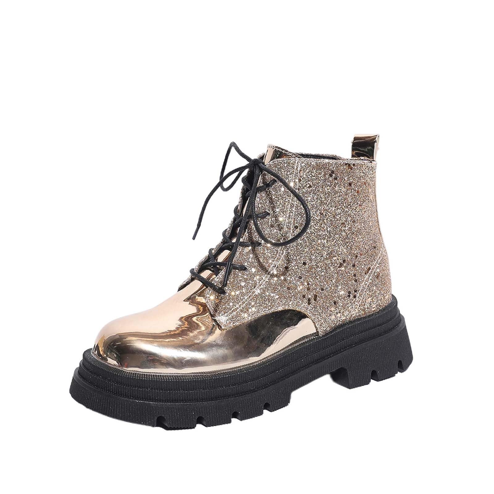 Elegantes Botines Con Punta Redonda Brillante Tacón Plataforma Cordones Estilo Occidental Para Mujer Botas de tobillo de moda para el día a día sólido