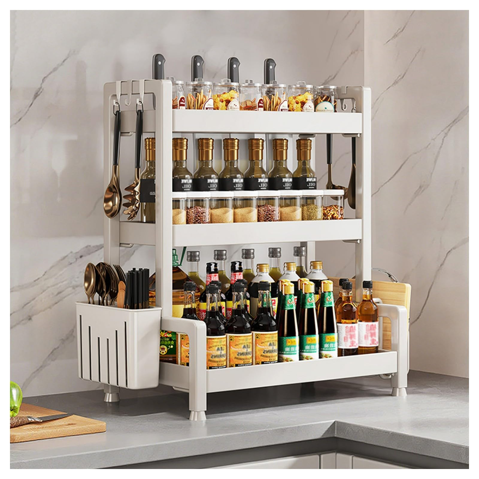HADECOLL Carbon Steel Spice Rack, Kitchen Countertop Organizer With Knife Holder, Cutting Board Storage,White-3 Tier-50cm