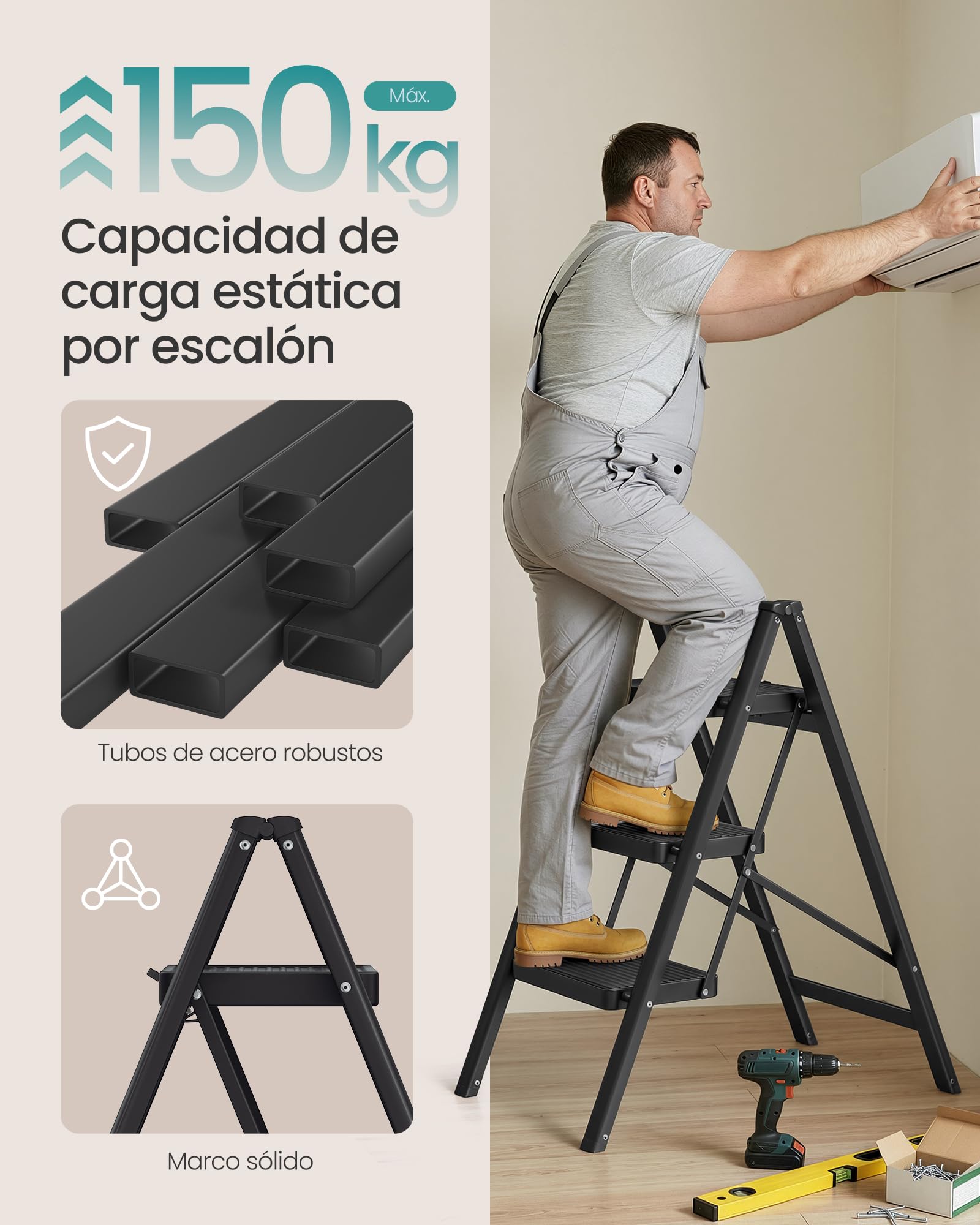 SONGMICS Escalera Plegable, Taburete Plegable de Acero, Escalera de 3 Peldaños, Carga hasta 150 kg, Fácil de Guardar, para Casa y Oficina, Negro, 73,5 x 43,4 x 85,5 cm GSL103BZ01