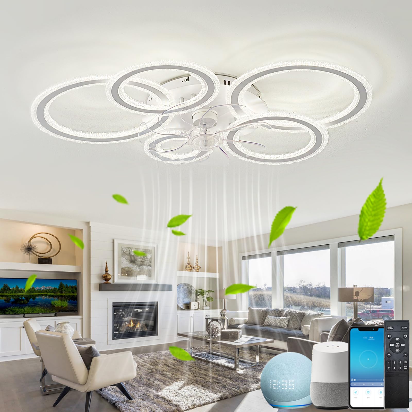 Ventiladores De Techo Con Luz, Ventilador de techo de 33,9 pulgadas con luz y control remoto, función de memoria inteligente, ventilador de techo, funciona con Alexa y Google Assistant, silencioso, ne