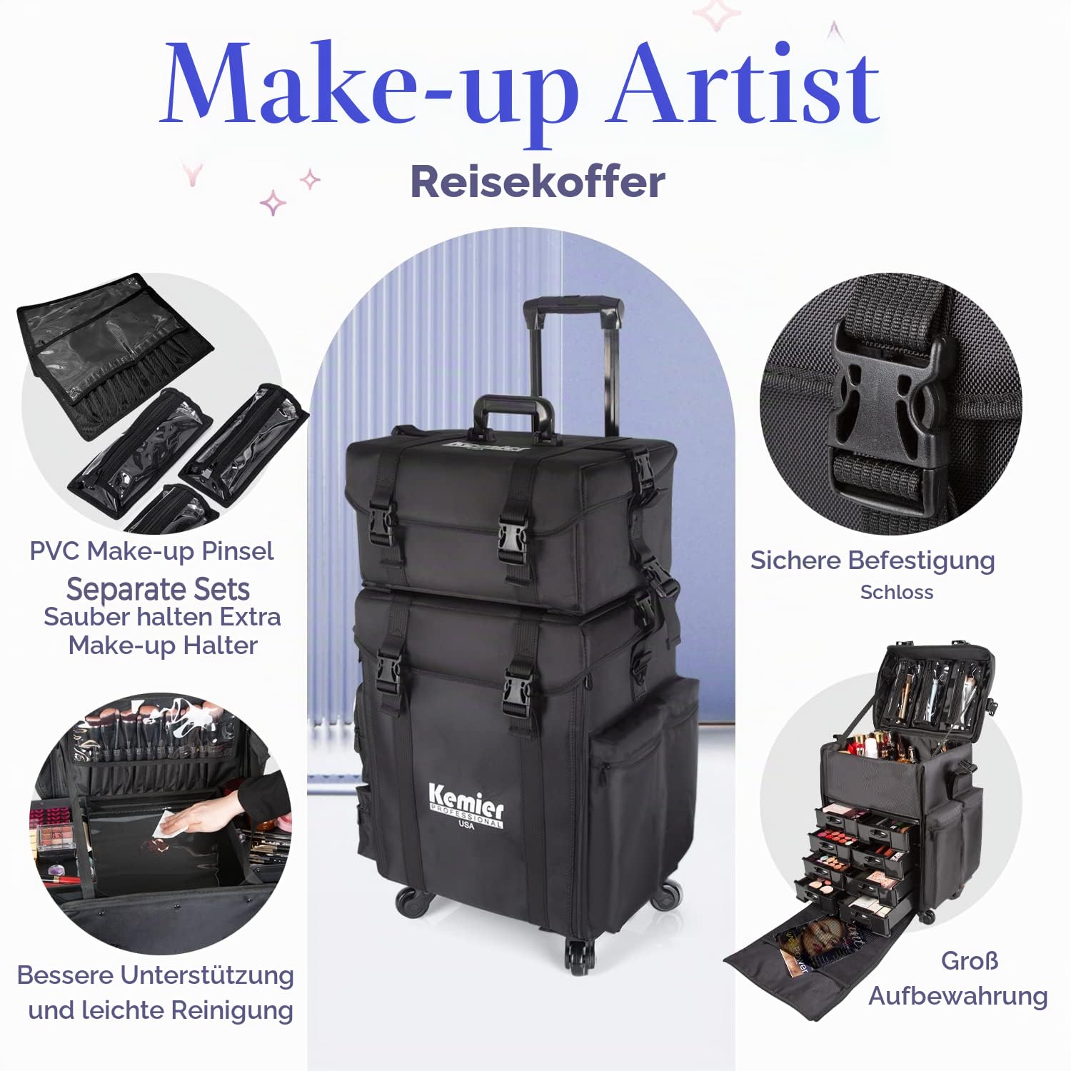Make up Koffer - Professionell Schminkkoffer | Kosmetikkoffer groß mit Aufbewahrungsschubladen und 2 in 1 Omnidirektionale Räder für Reise, Wasserdicht Nylon Material, Schwarz