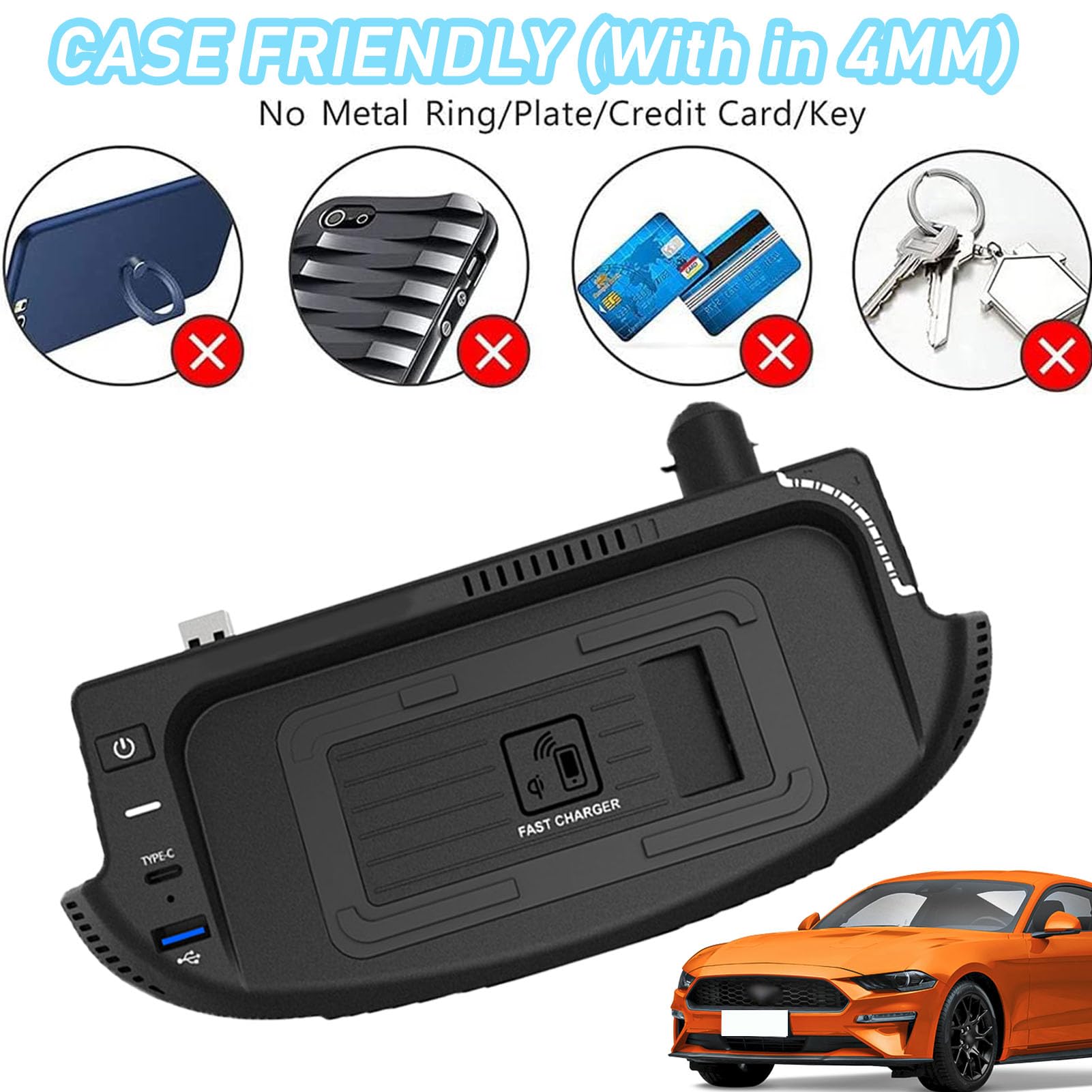 Caricabatterie Wireless per Auto per Tutti i Modelli Mustang Accessorio con 15 W Wireless e USB Qc3.0 + Type-C Ricarica Rapida Regalo per la Famiglia