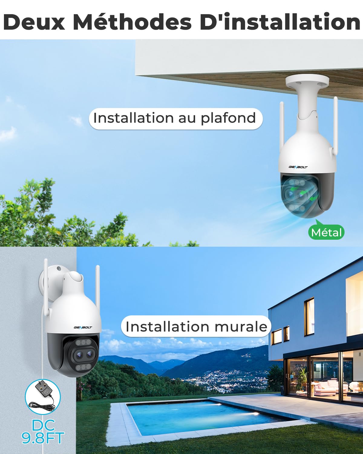 GENBOLT 4K WiFi Caméra Surveillance Extérieur,8MP Dual Lens Camera CCTV IP