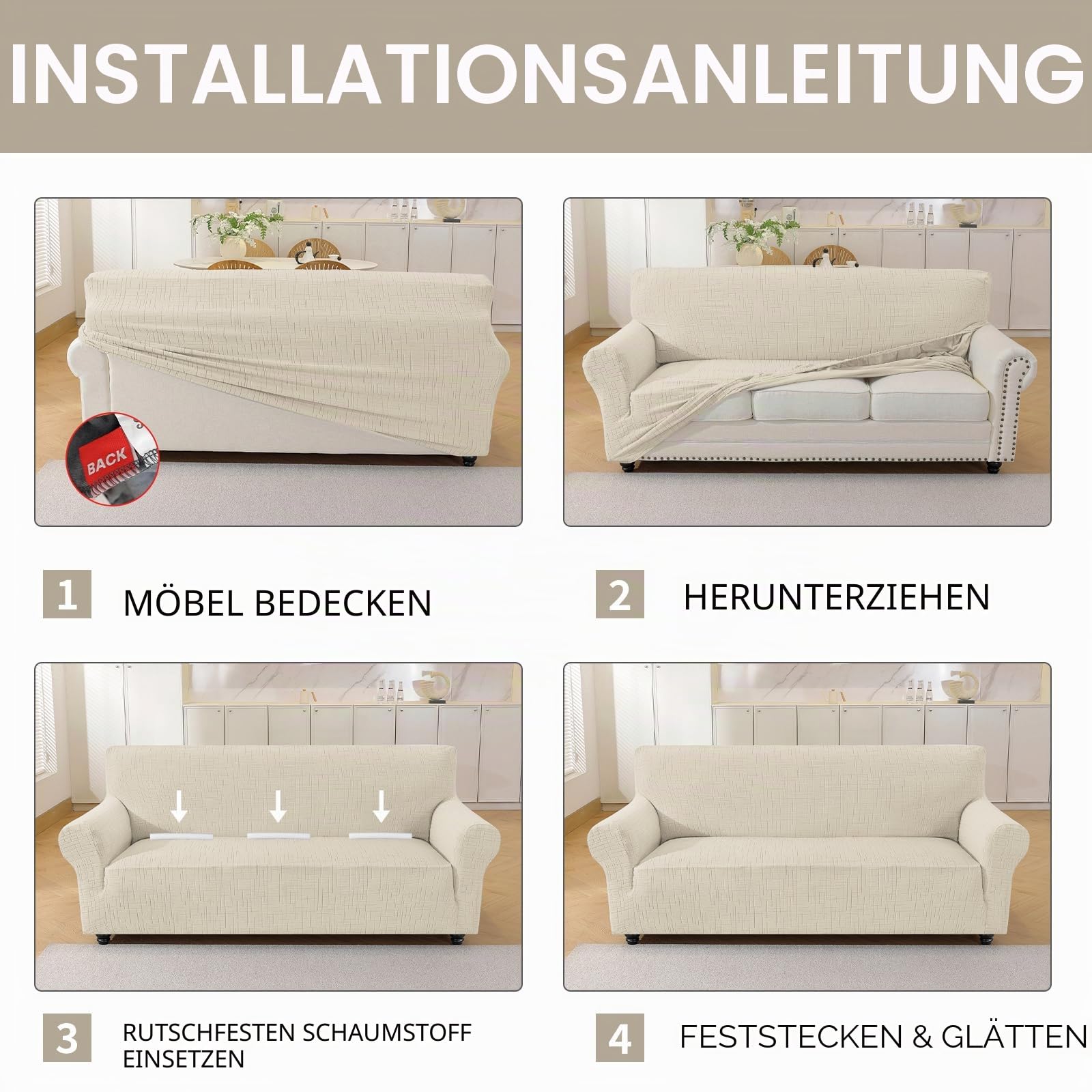 YSTELLAA Sofa Überzug 3 Sitzer Stretch, Kratzfester Sofabezug rutschfest Mit Armlehne, Universal Couch Überzug Dicke, Sofa Cover Waschbare, Für Wohnzimmer, Beige