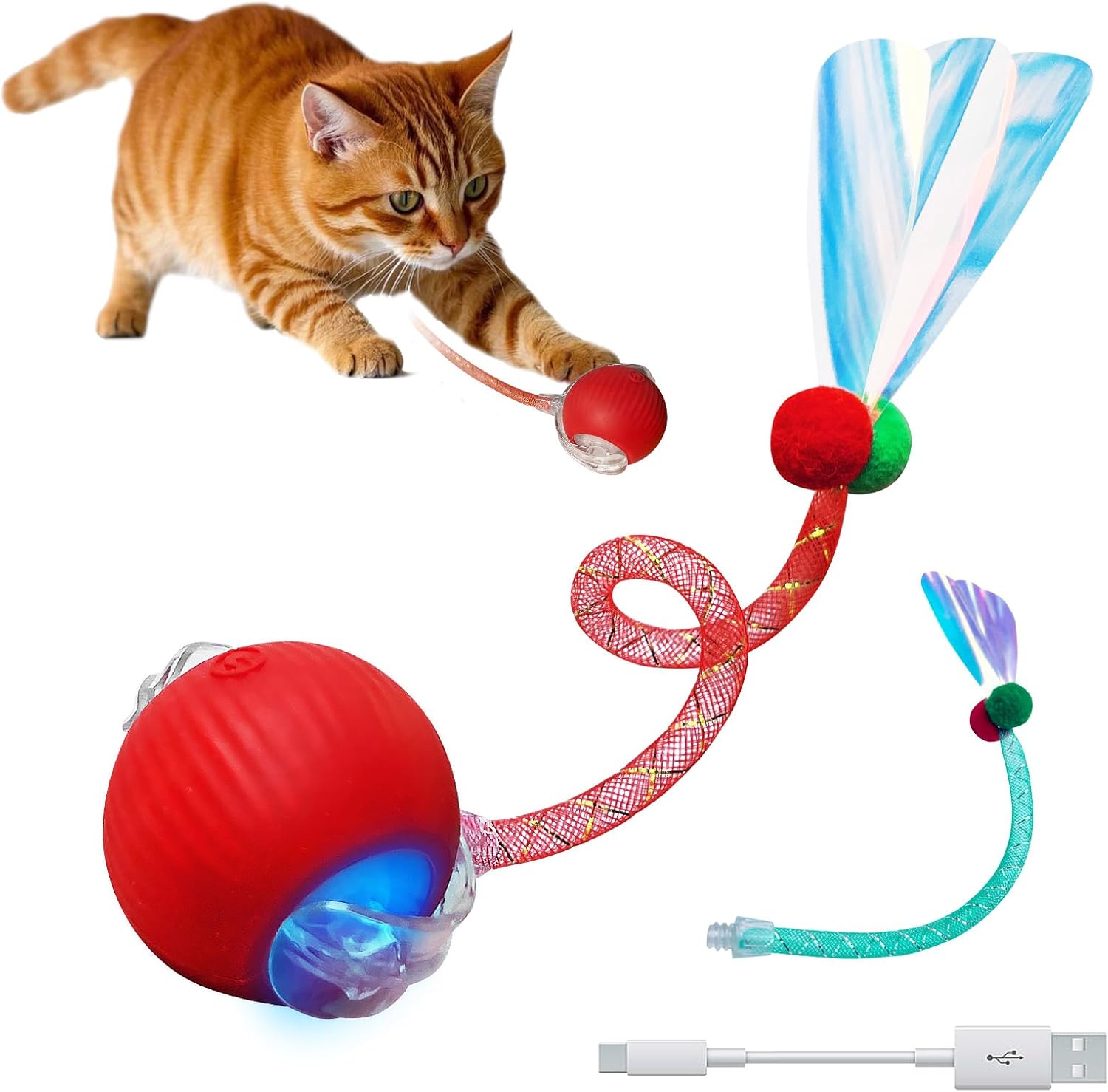 Speedy Tail Ball Toy 3.0 with 3 Play Modes, Bonus Tail, Safe Silicone Surface, Powerful Motor Moving Ball, Interactive Auto Toy for Indoor Bored Kitten & Adult Cats, USB Rechargeable (Red)