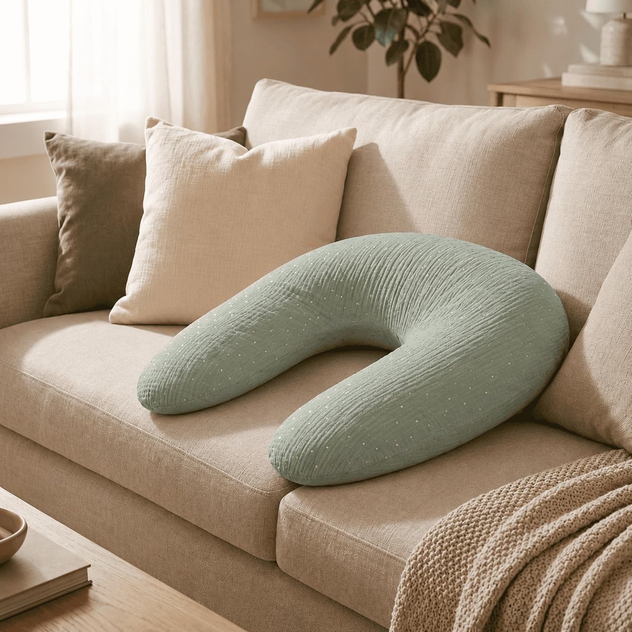 Babysom - Coussin de Maternité 3 en 1 : Grossesse, Allaitement & Repos Bébé - Housse en Double Gaze de Coton Premium - Déhoussable et Lavable - Microfibres Silencieuses - Design Élégant Vert - XXL