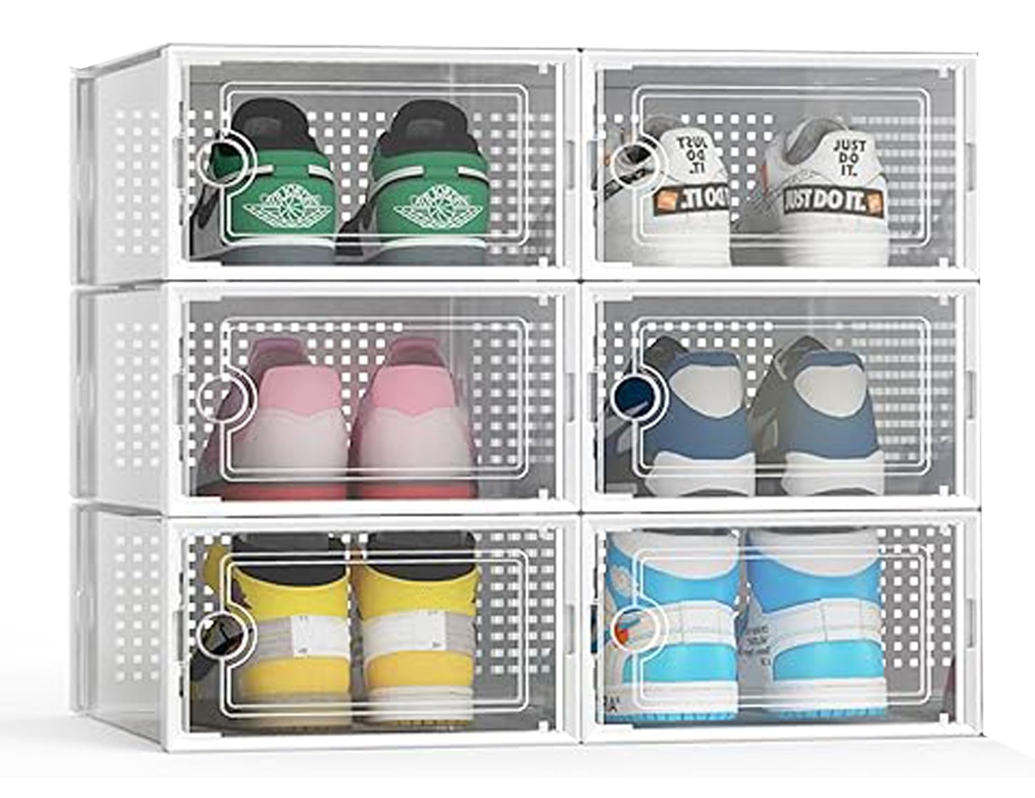 GGEROU Stackable Shoe Storage Boxes Organizers for Closet,Clear Plastic Stackable Sneaker Containers Display Case with Lids,Foldable Shoe Storage Bin Sneaker Containers for Entryway (6pcs, White)