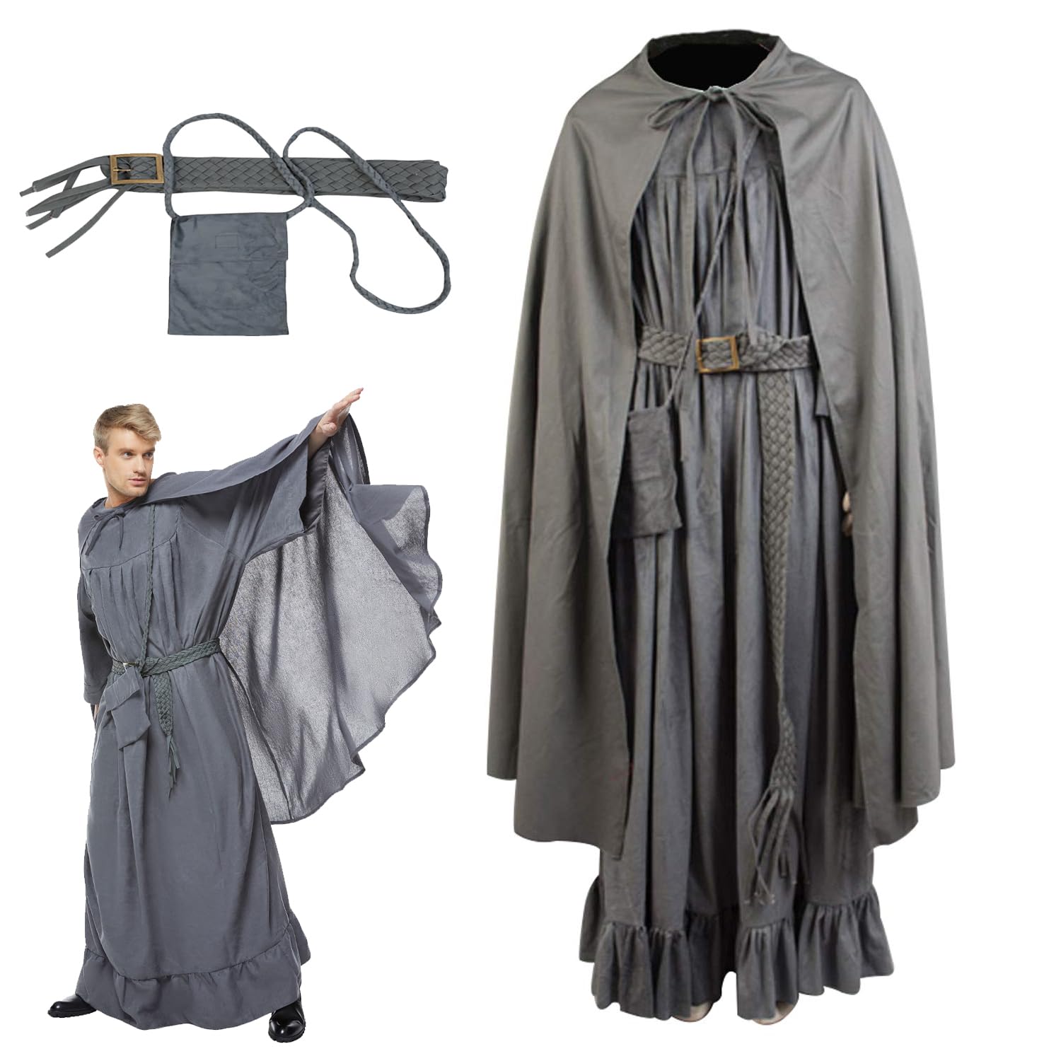 Costume de magicien pour homme - Cape, avec ceinture, sac à bandoulière - Accessoires d'Halloween - Gris