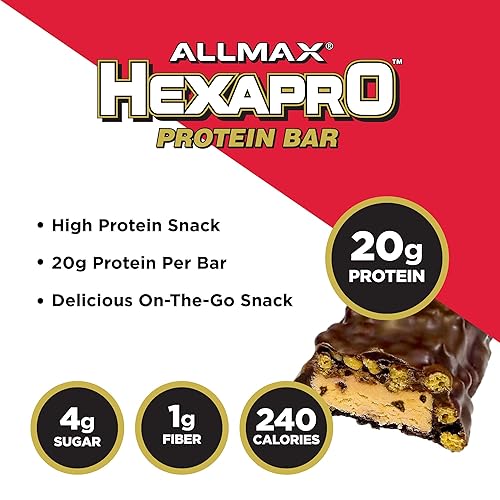 Miniatura 3 de ALLMAX HEXAPRO - Barra de proteínas, masa de galletas con chispas de chocolate, paquete de 12, aperitivo energético alto en proteínas, 0.71 oz de
