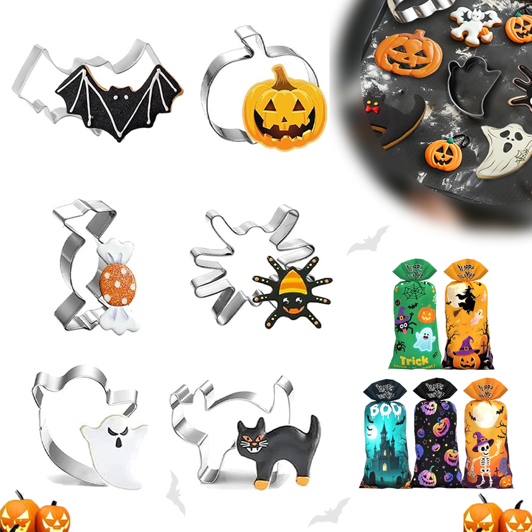 Chmentnanza Silver Halloween Decorations​​ 6-Pack ​​Biscuit Cutters​​ With ​​Boo Candy Bags​​ - ​​Ghost Decor​​ Metal Set