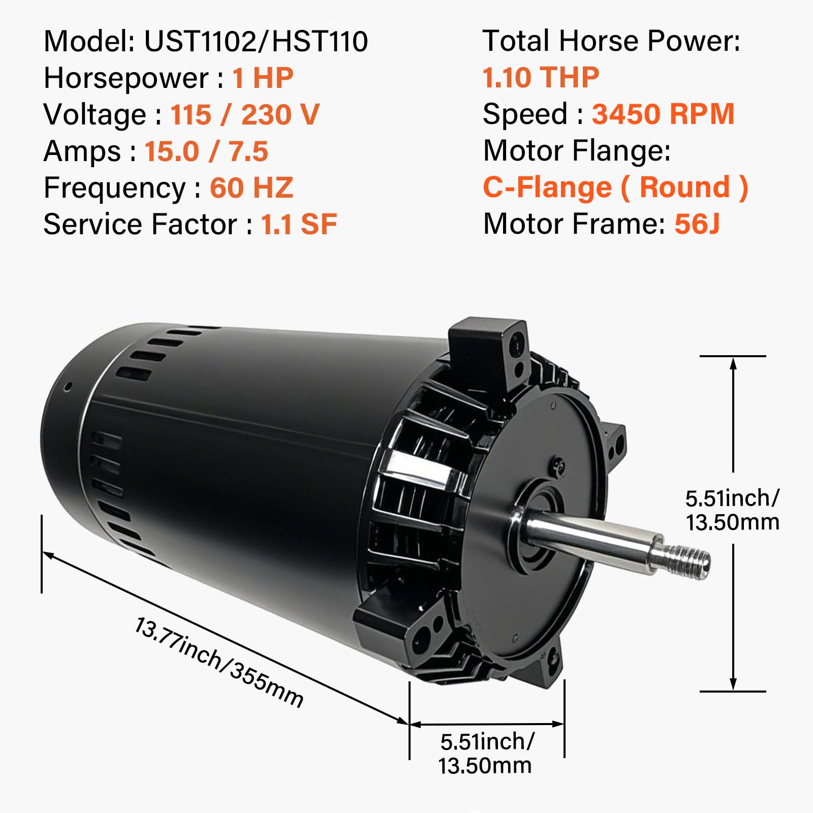 UST1102 1 PS Schwimmbadpumpenmotor Ersatz für Century, Hayward, A.O. Smith Elektromotor, 115/230 V Hochbewertete Pumpe mit Dichtungssatz, Super Pump SP2607X10 56J Rahmen, 3450 U/min