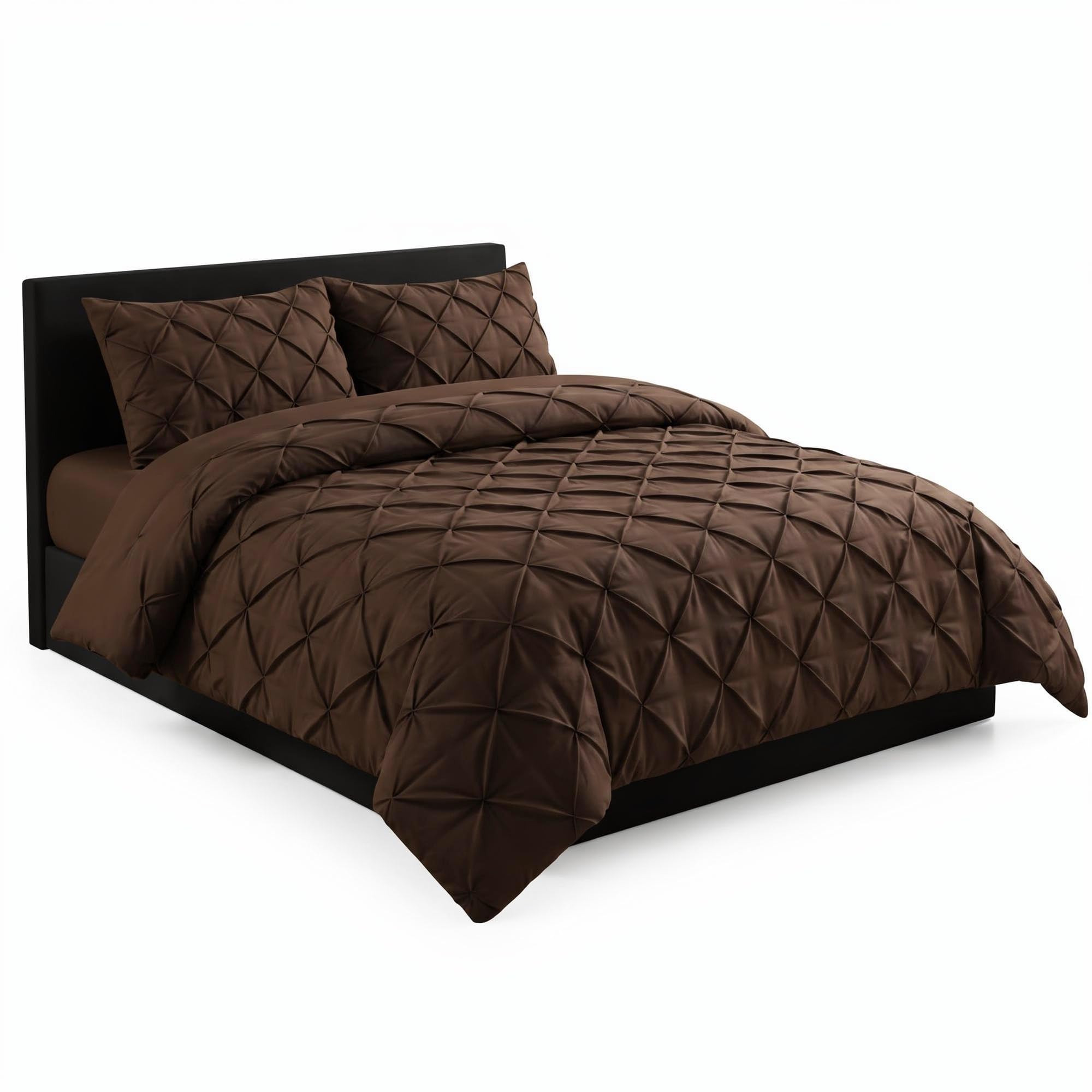 AHS Pintuck Brown Duvet Cover Bedding Set, Single Pinch Pleat Design With Matching Pillowcases, Soft Brushed Microfiber Quilt Cover, Easy Care Wrinkle Free, Breathable