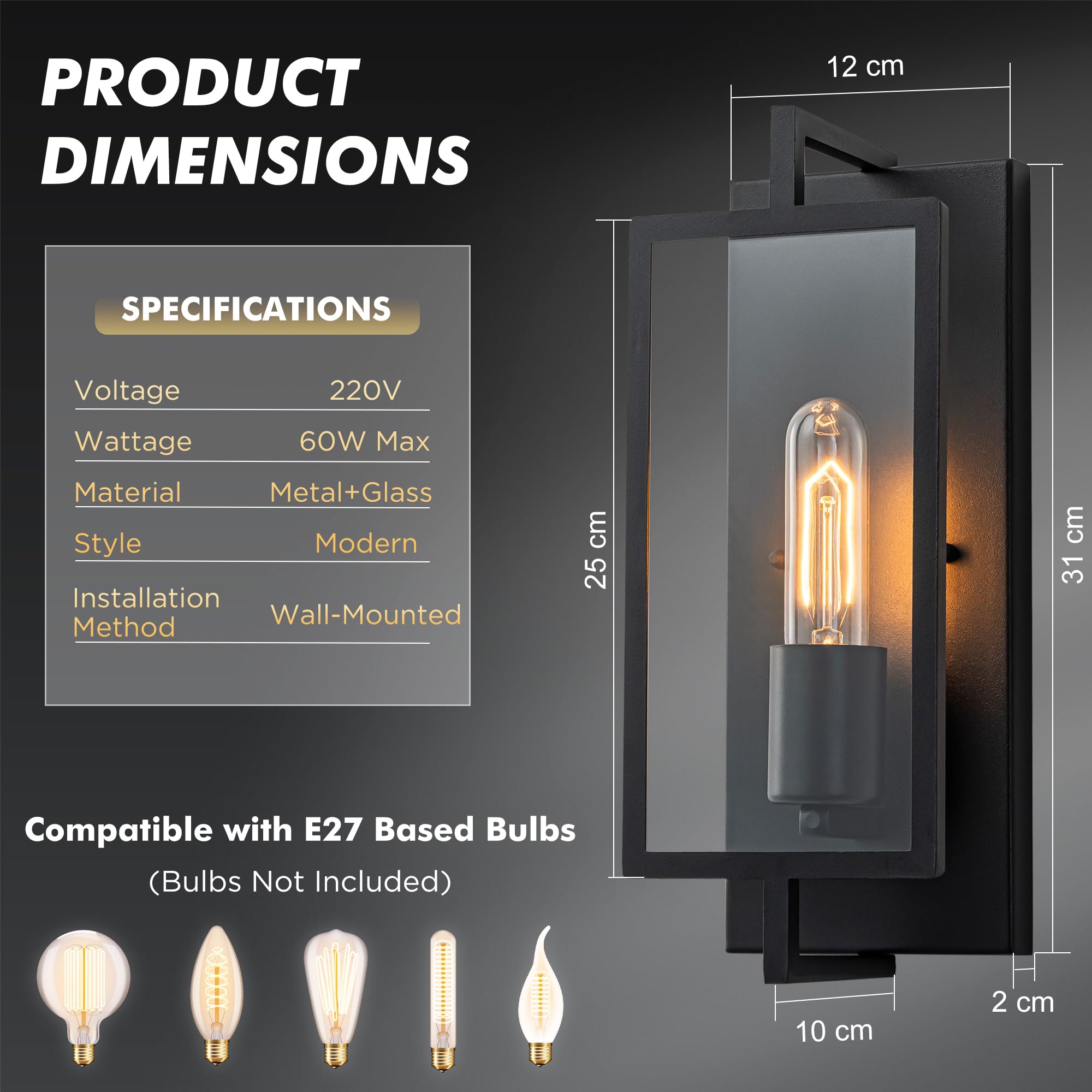 FTL 2 Stück Wandleuchten Industrial aus Glas & Metall, Schwarz Wandbeleuchtung, 1 Flammige Wandlampe für Innen, Vintage Wandlicht für Flur, Retro LED Wandbeleuchtung für Schlafzimmer, Wohnzimmer