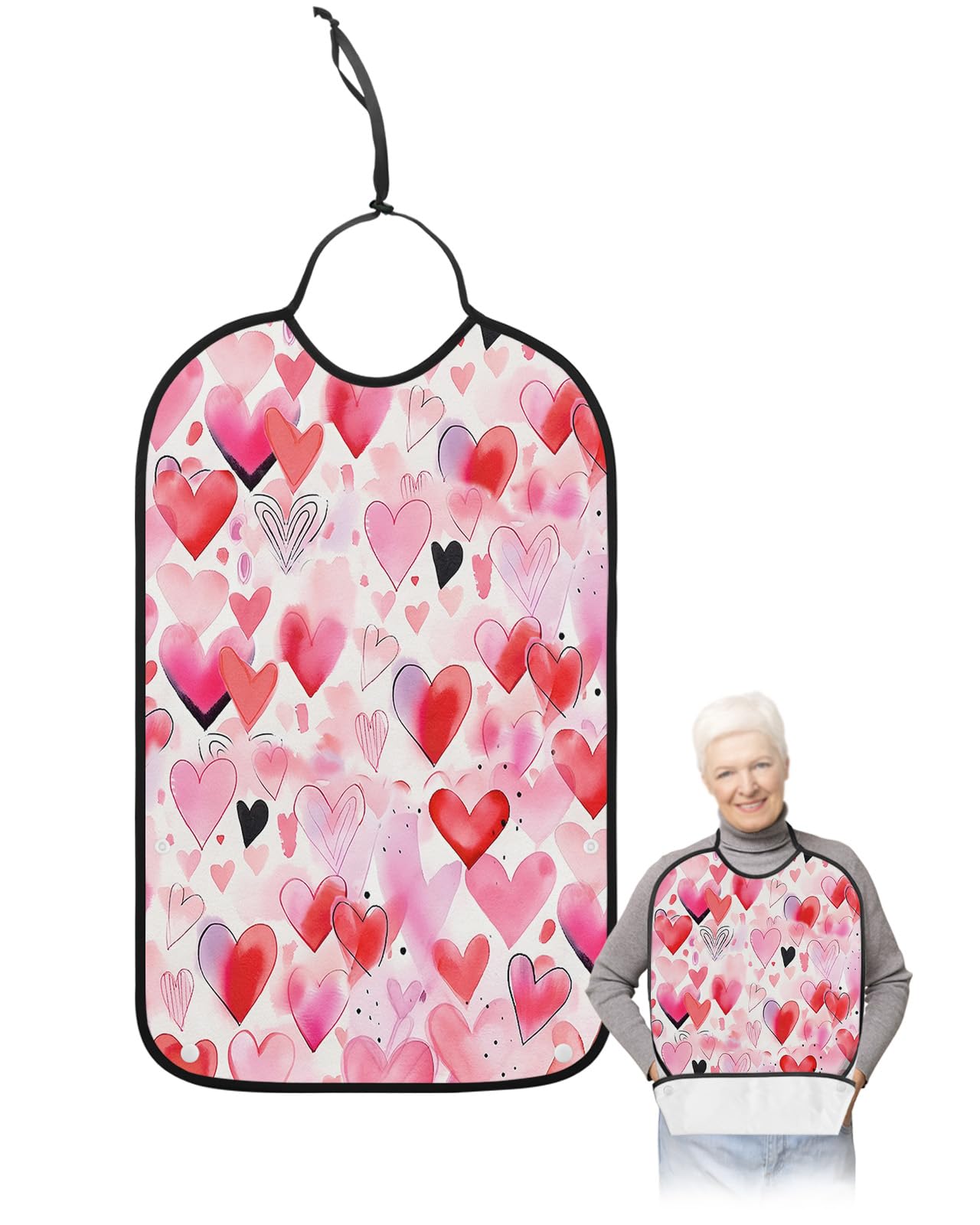 LEOKOTI Pink Red Love Heart Valentines Adult Bibs for Eating, Waterproof Bibs with Food Catcher & Adjustable Snap Closure, Watercolor Love Heart Washable Clothing Protectors Adult Bibs for Elderly