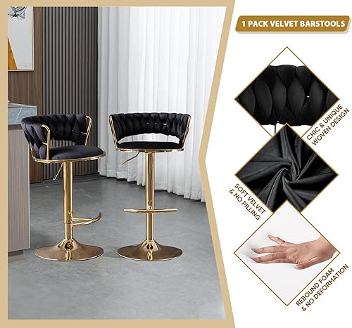 Miniatura 6 de KINFFICT Juego de 2 taburetes de bar giratorios de terciopelo, taburetes de bar ajustables con respaldo tejido, sillas de comedor tapizadas,