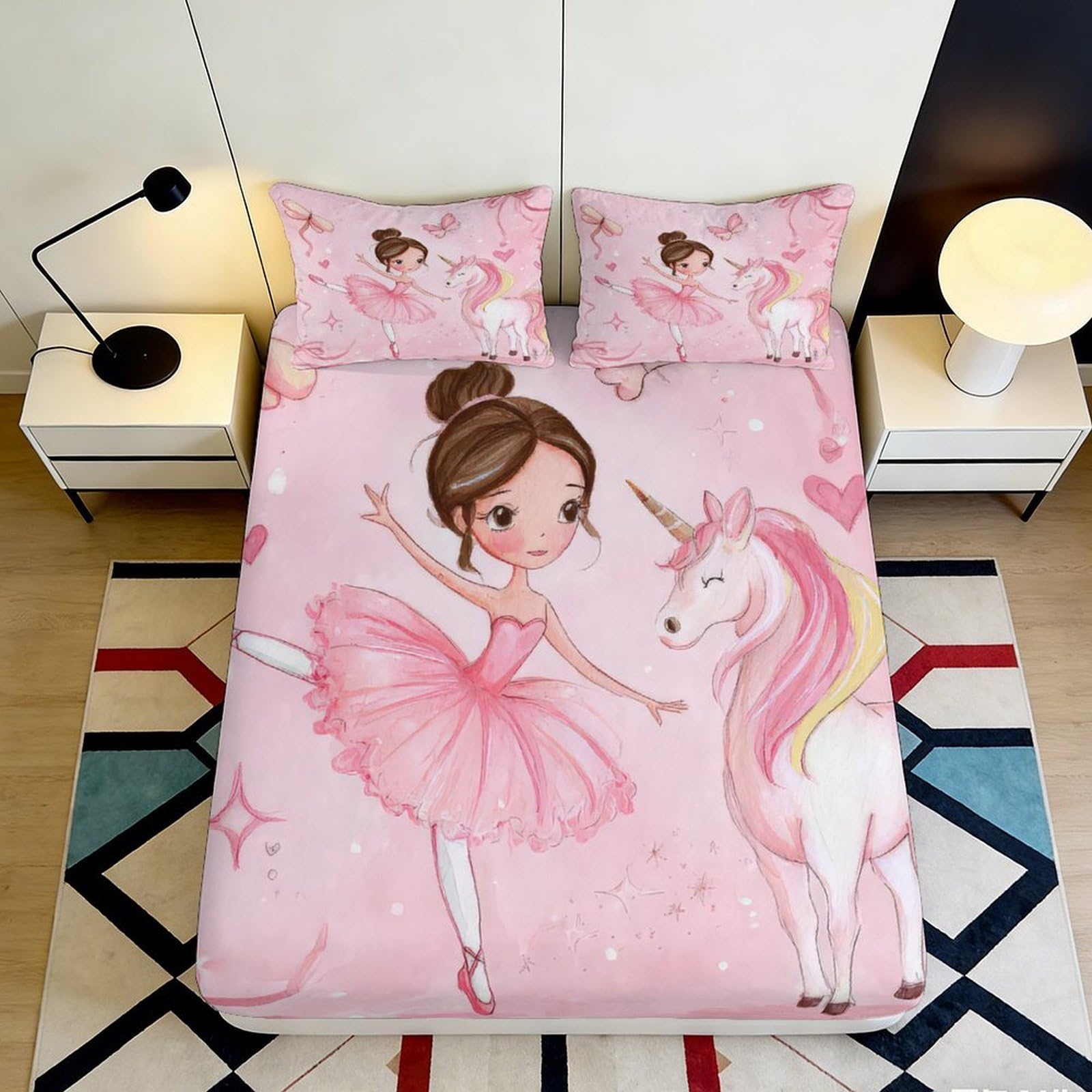 3D Printed Ballerina Unicorn Fitted Sheet Microfiber Pink Bed Cover Non Slip Machine Washable for Bedroom Guest Room 90x200x25cm