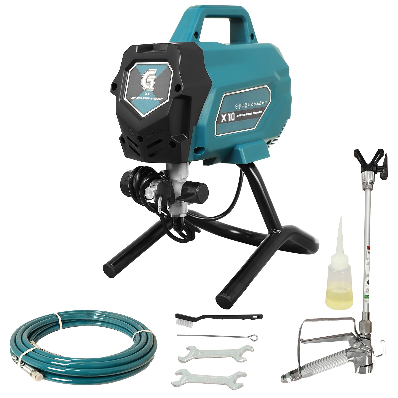 Garvee Airless X10 pistolet do malowania, 0,32 GPM - 3300 PSI, 750W - z drążkiem i zestawem do czyszczenia ścian, płotów, mebli