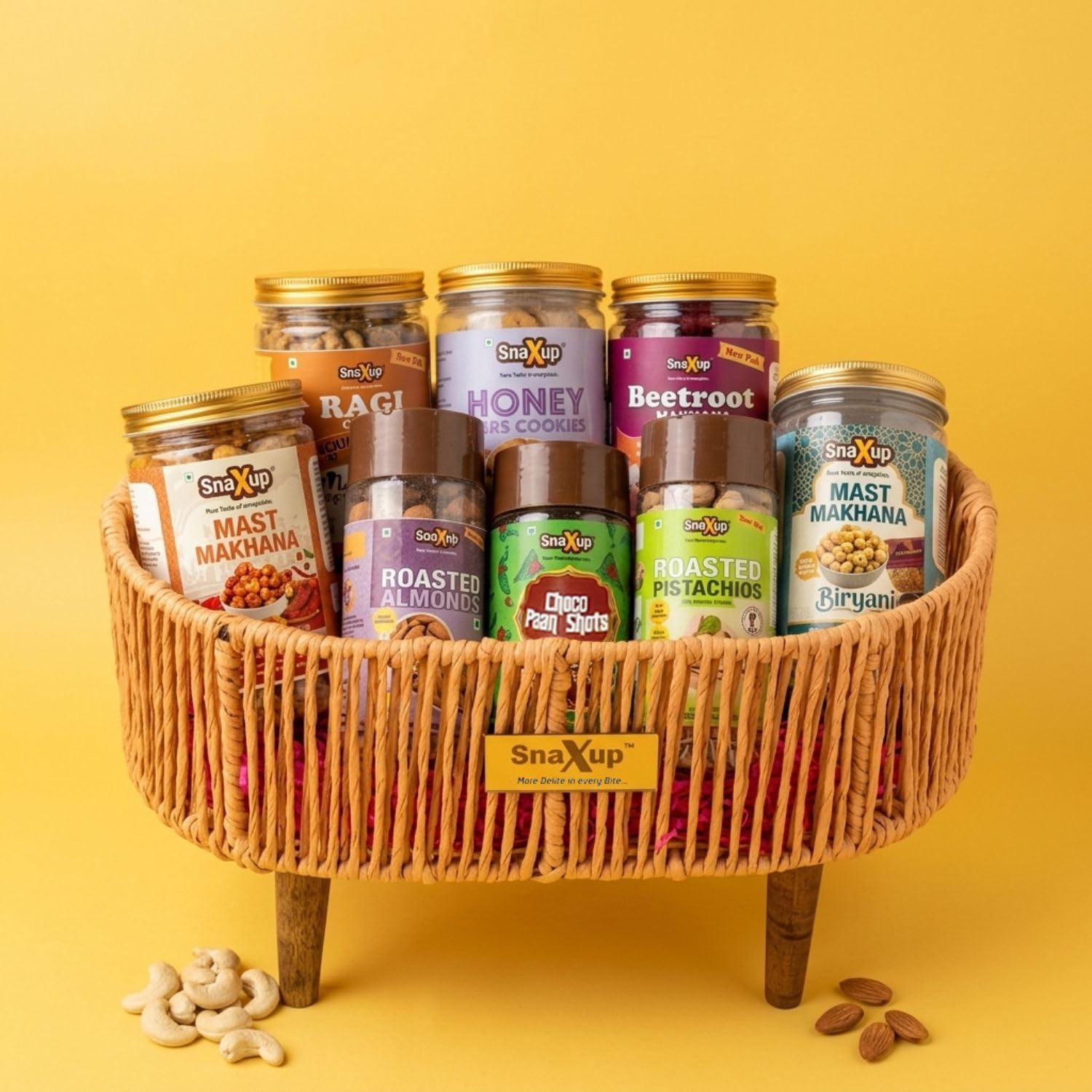 SnaXup Celebration Hamper with Ragi Chips, Peri Peri Makhana, Roasted Almonds, Choco Paan Shots, Roasted, Pistachion, Biryani Makhana, Honey Cookies, Beetroot Chips-image-9