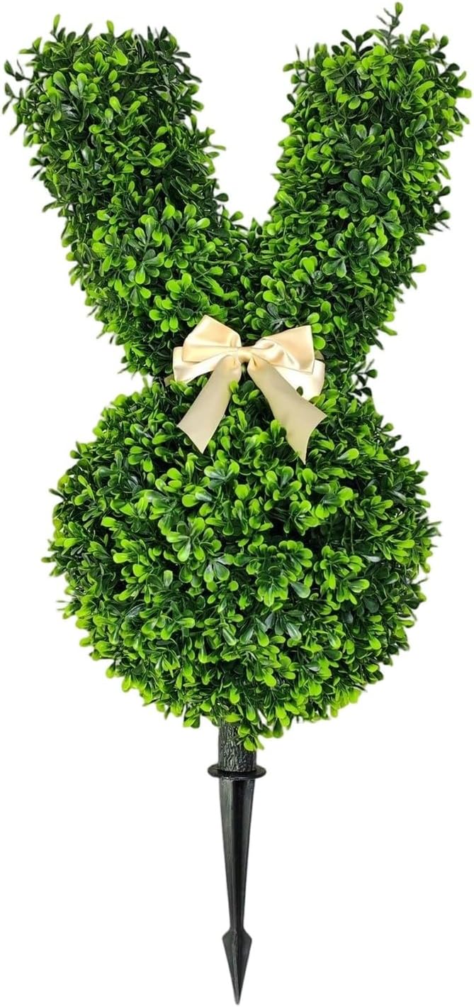 Artificial Bunny Topiary, Green Rabbit-Shaped Topiary Tree with Ground Spike, Easter Fake Bunny Boxwood Ball Planter for Easter Decorations, Front Porch Decor, Indoor/Outdoor (1)