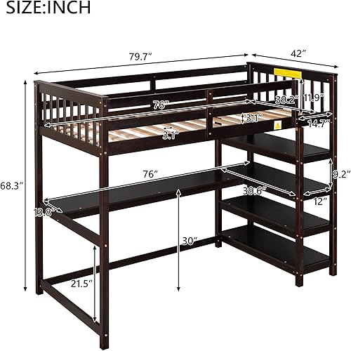 Miniatura 2 de ODC Cama alta con escritorio y debajo marco de cama de madera maciza con 4 estantes de almacenamiento de neumáticos y escalera cama alta para niños