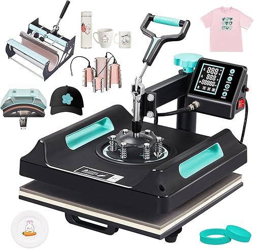 Albott Máquina de prensa de calor de 15 x 15 pulgadas, 8 en 1 para camisetas con temporizador de cinta de calefacción de doble manguera, máquina de