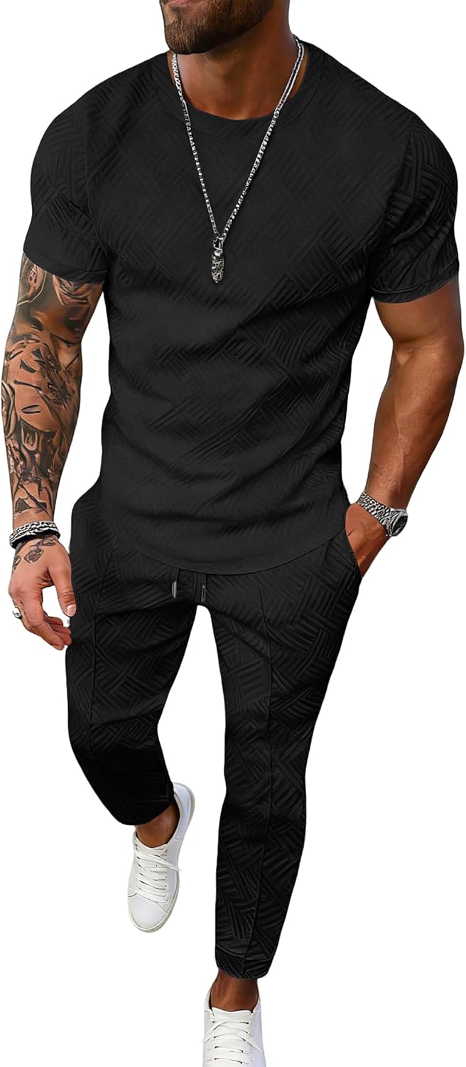 UOUA Mens 2 Piece Sweatsuit Set Short Sleeve Sweatshirt Jogging Sweatpants Tracksuits Outfits