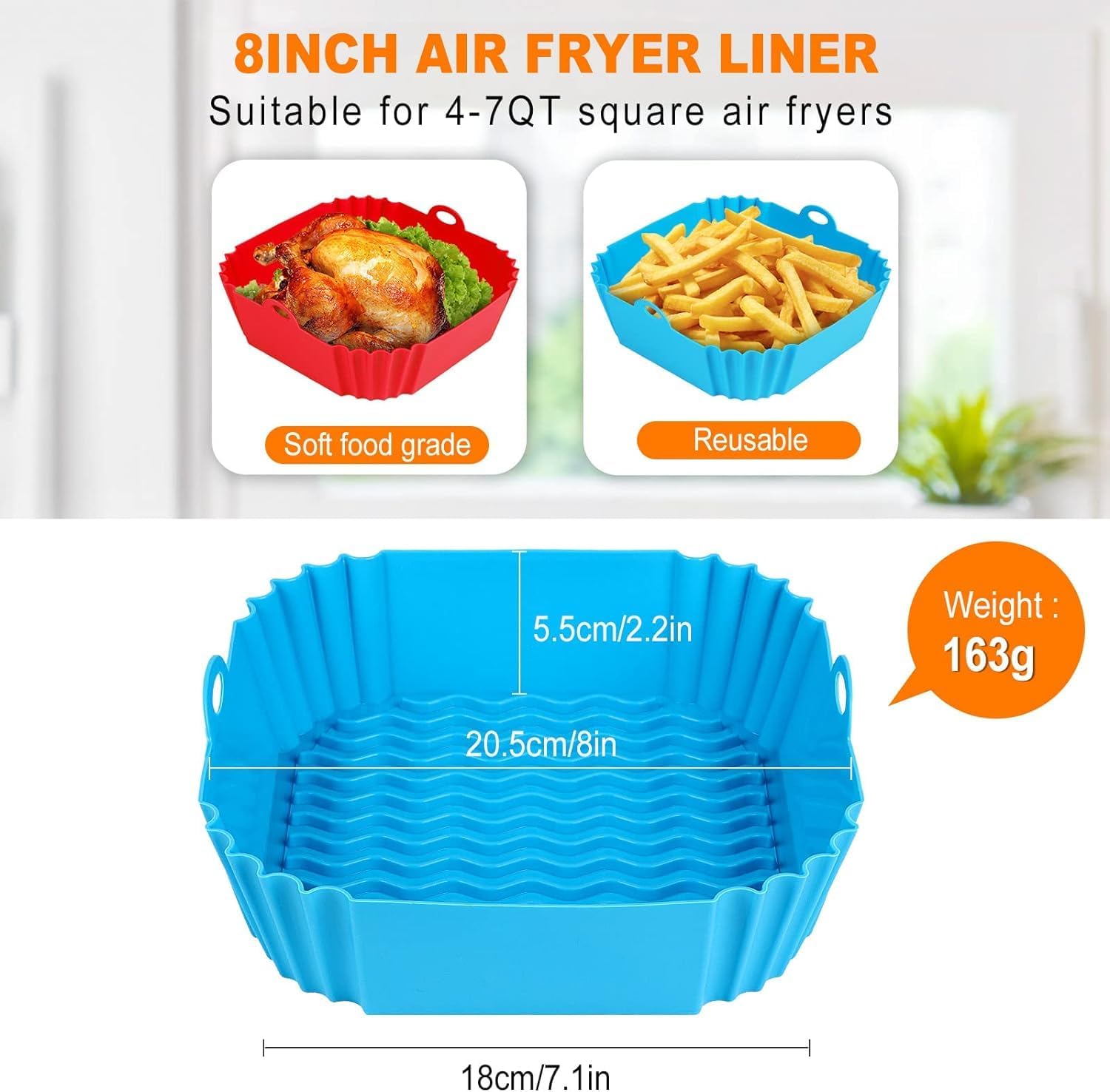 VALTUJA The Complete Air Fryer Package - 2 Air Fryer Liners & Accessories - 8.5 inch (5-9 Qt) Food Grade BPA-Free Reusable Silicone Baskets/Pots/Liners with Oven Mitt 4
