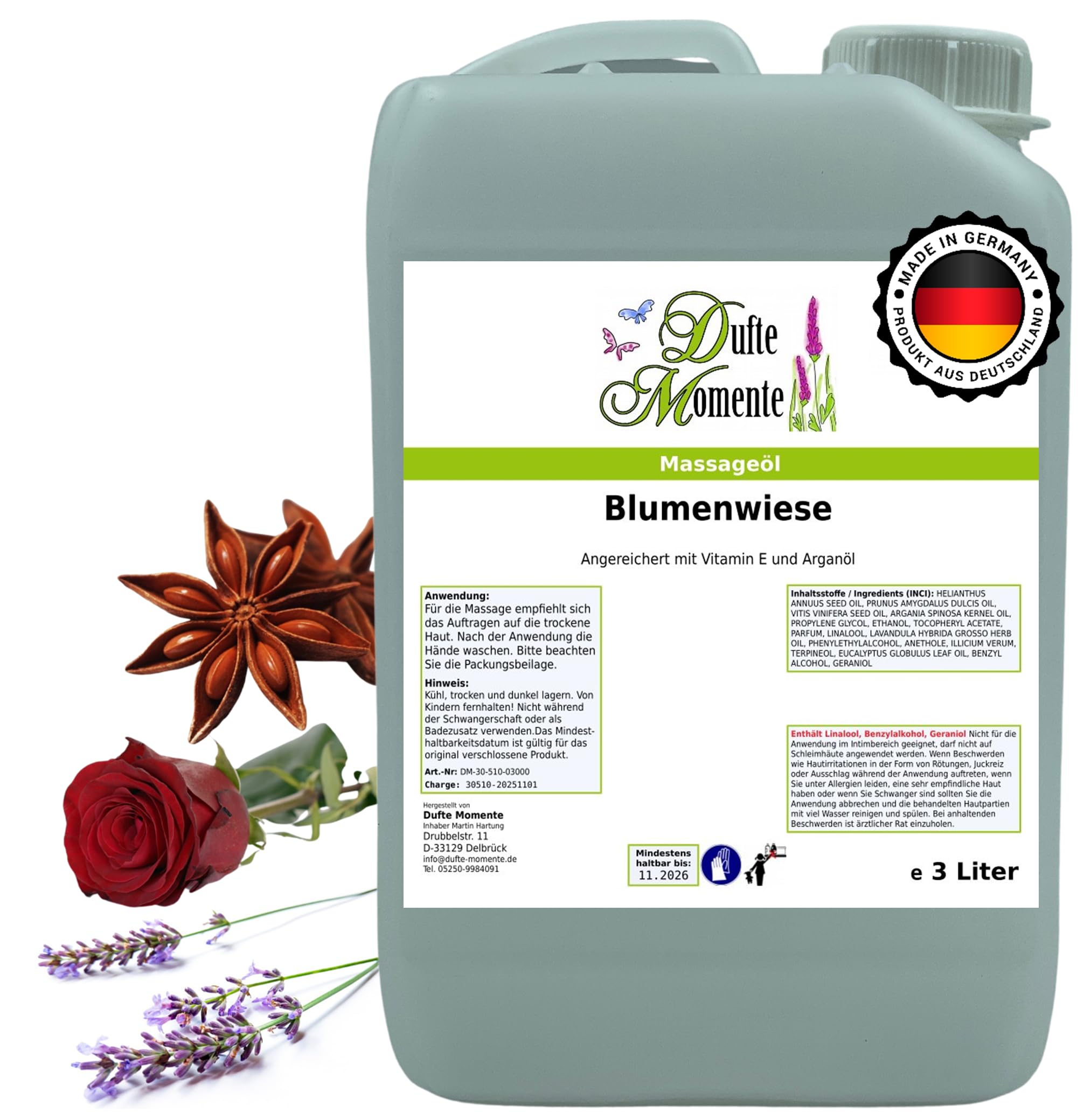 Dufte Momente Massageöl Blumenwiese – 3 Liter – Pflanzenölbasis mit Lavendel, Rose & Anis – blumig & entspannend – für Massage & Wellness – vegan & Made in Germany