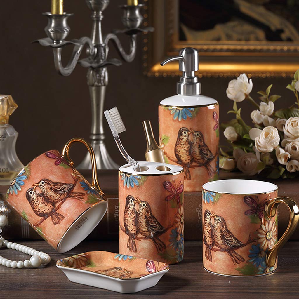 HYLR Lujosa cerámica clásica Conjuntos de Accesorios de baño 5 Piezas Suministros de baño Conjuntos de porta cepillos de Dientes Taza Taza de Enjuague dispensador de jabón Decoración de baño