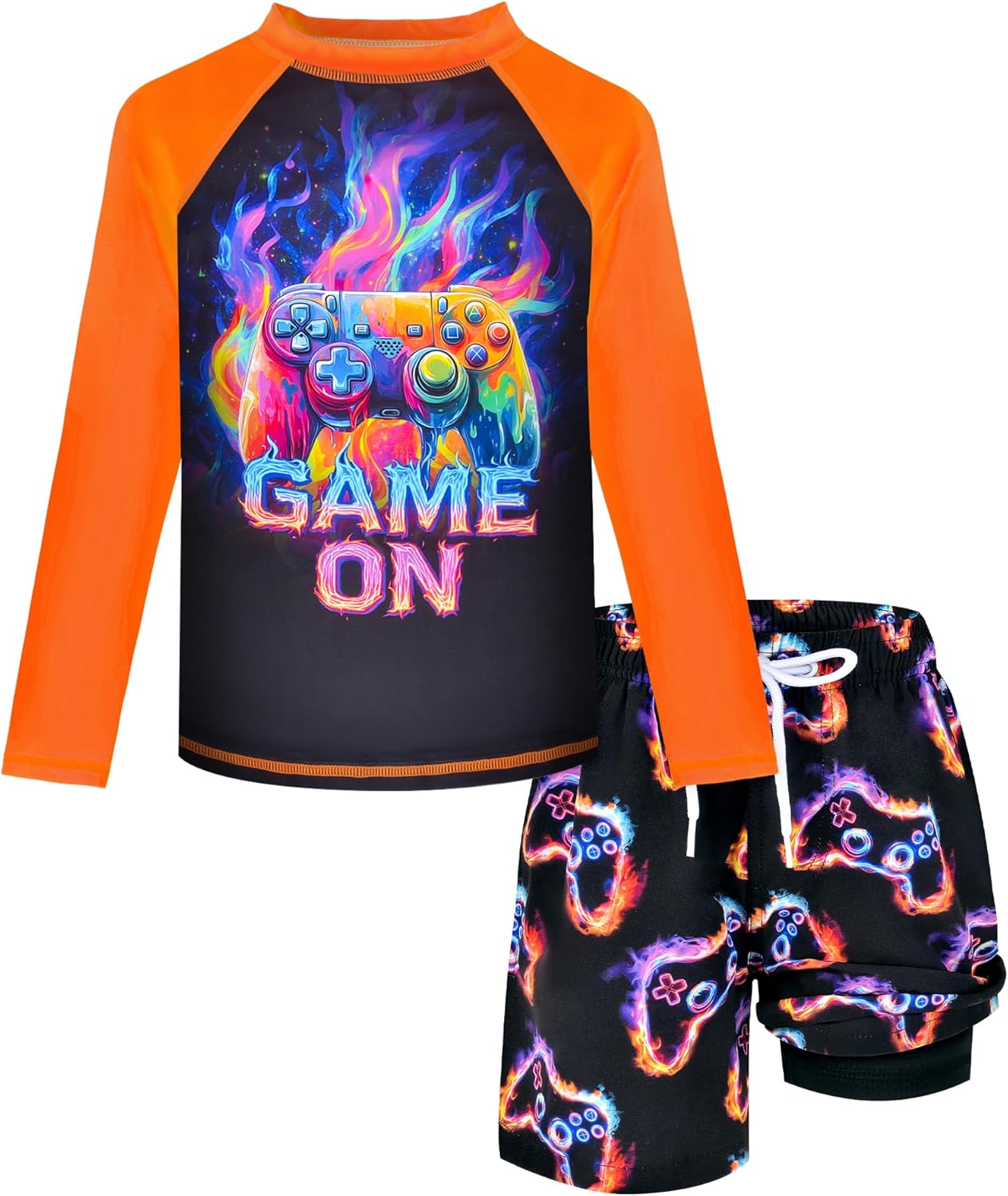 Boys Rash Guard Swim Set with Swim Trunks Bathing Suit Long Sleeve Swim Shirt Quick Dry Swimsuit Kids Swimwear Size 7-16