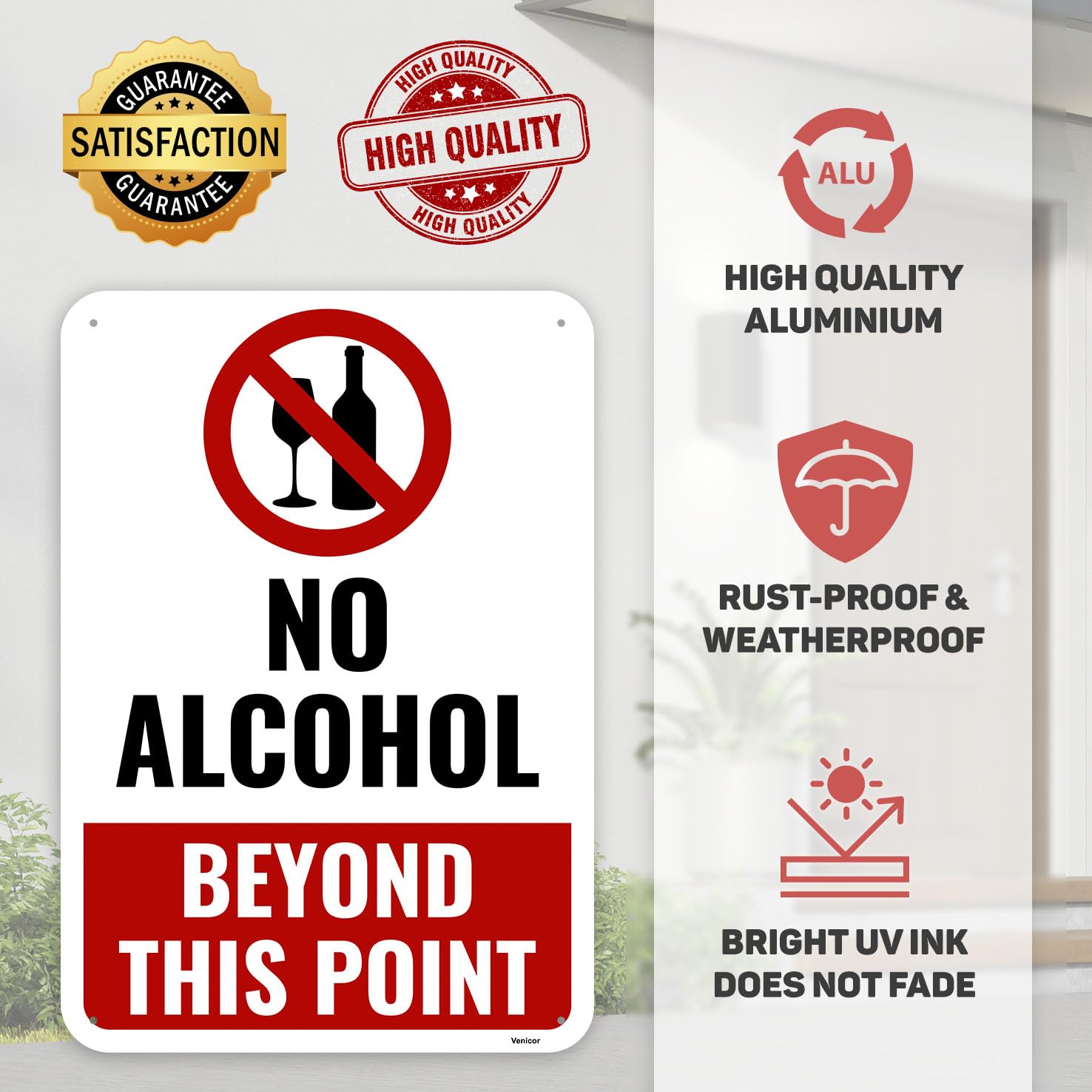2 Pack No Alcohol Beyond This Point Signs - 10x7 Inch Reflective Aluminum Warning Signs