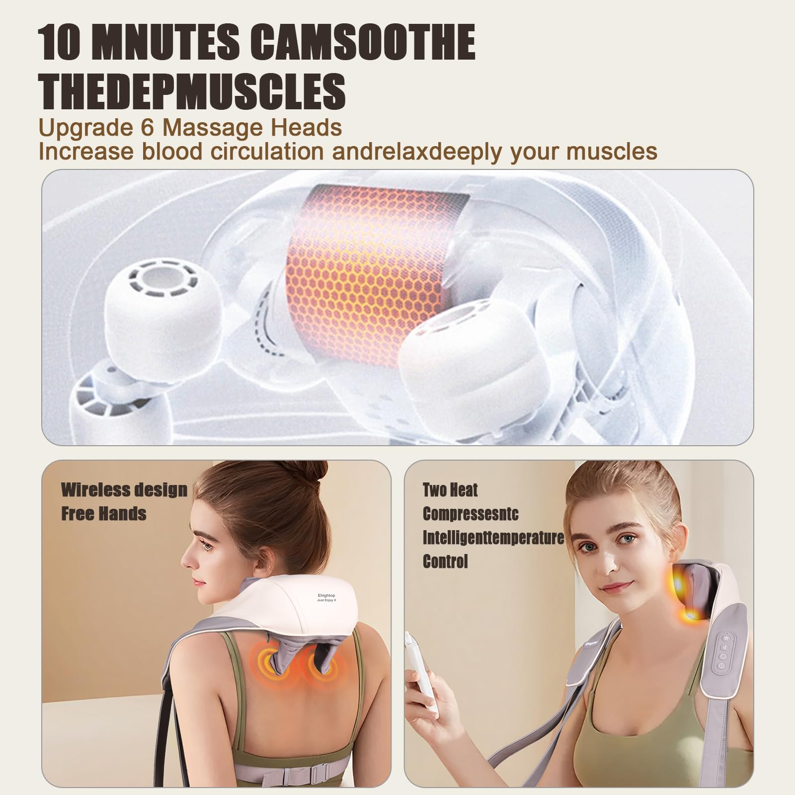 5D Kneading Neck Massager,Shiatsu Back Neck Massager with Heat,Cordless Electric Enjoy It Neck Massager,Massage Pillow for Neck,Back,Shoulder, Leg,Deep Massage at Home for Muscle Relaxation (Beige)