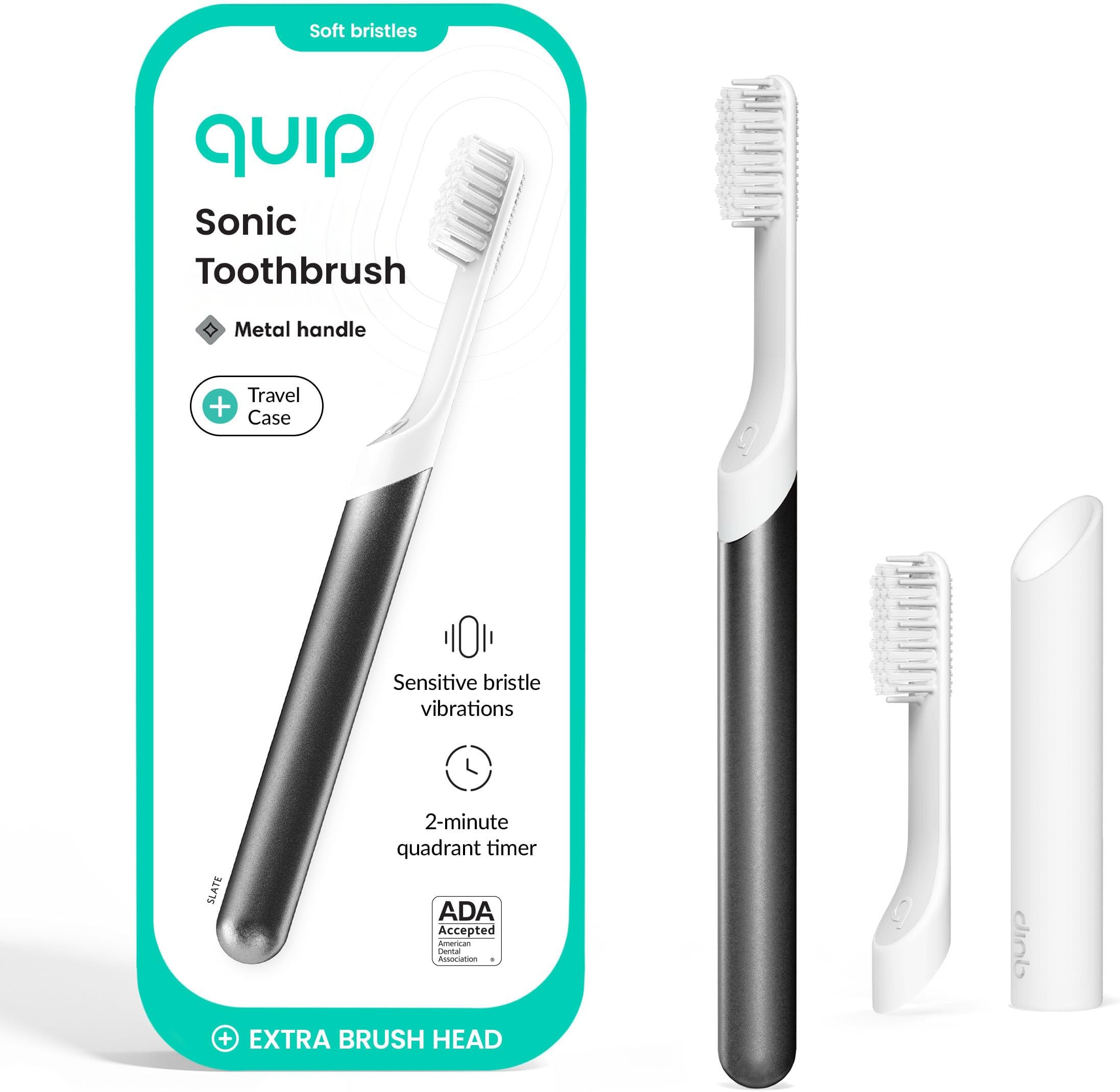 Quip Sonic Toothbrush for Adults, Timed Electric Toothbrush with Lid, Replaceable Brush Head, Soft Bristles, Metal Handle, 3 Months Battery Life