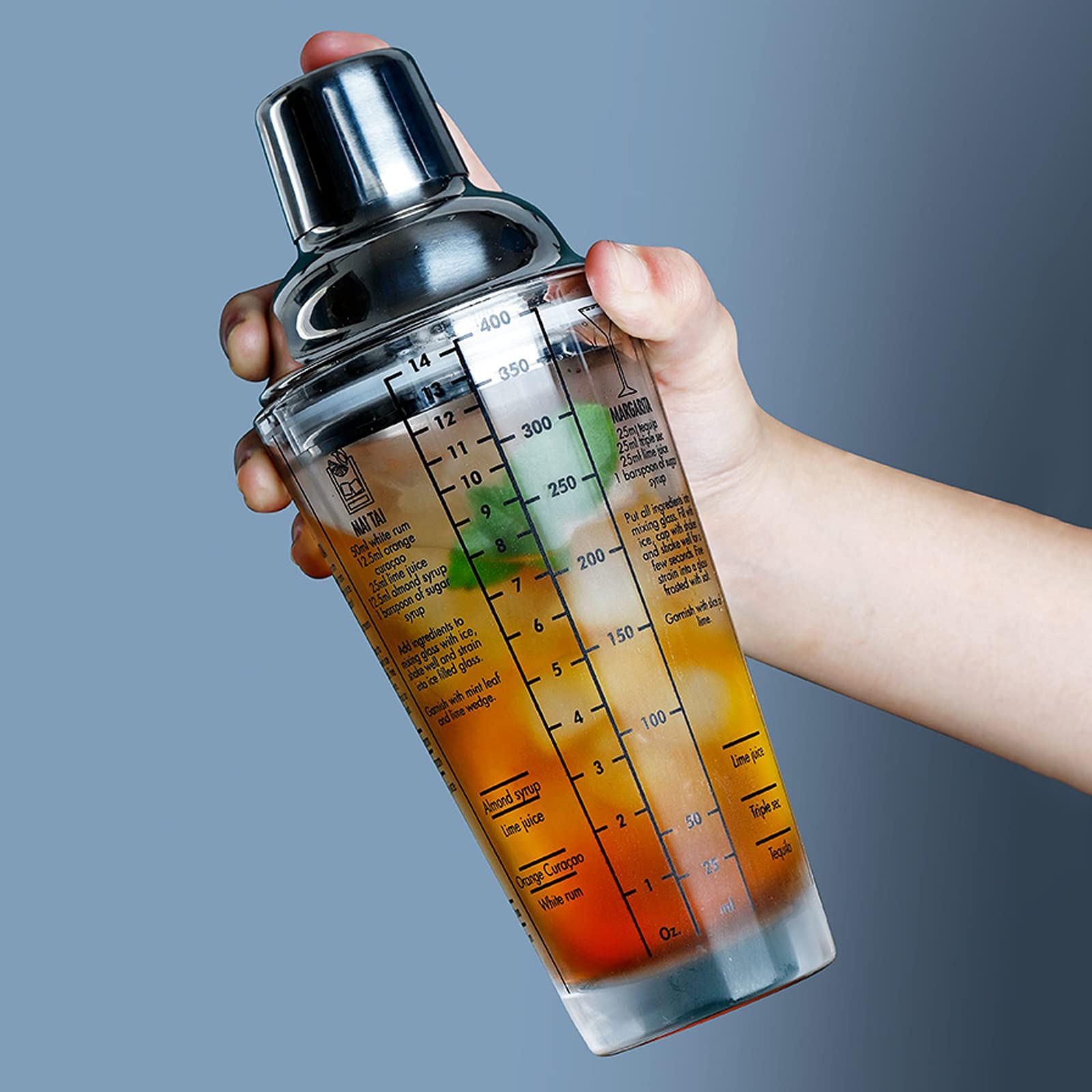 Juego de Coctelera Coctelera de cóctel,agitadora de bebidas,recetas de martini medido mezcla de vidrio y acero inoxidable superior zapatero,mejor regalo para principiantes Agitador de Cócteles