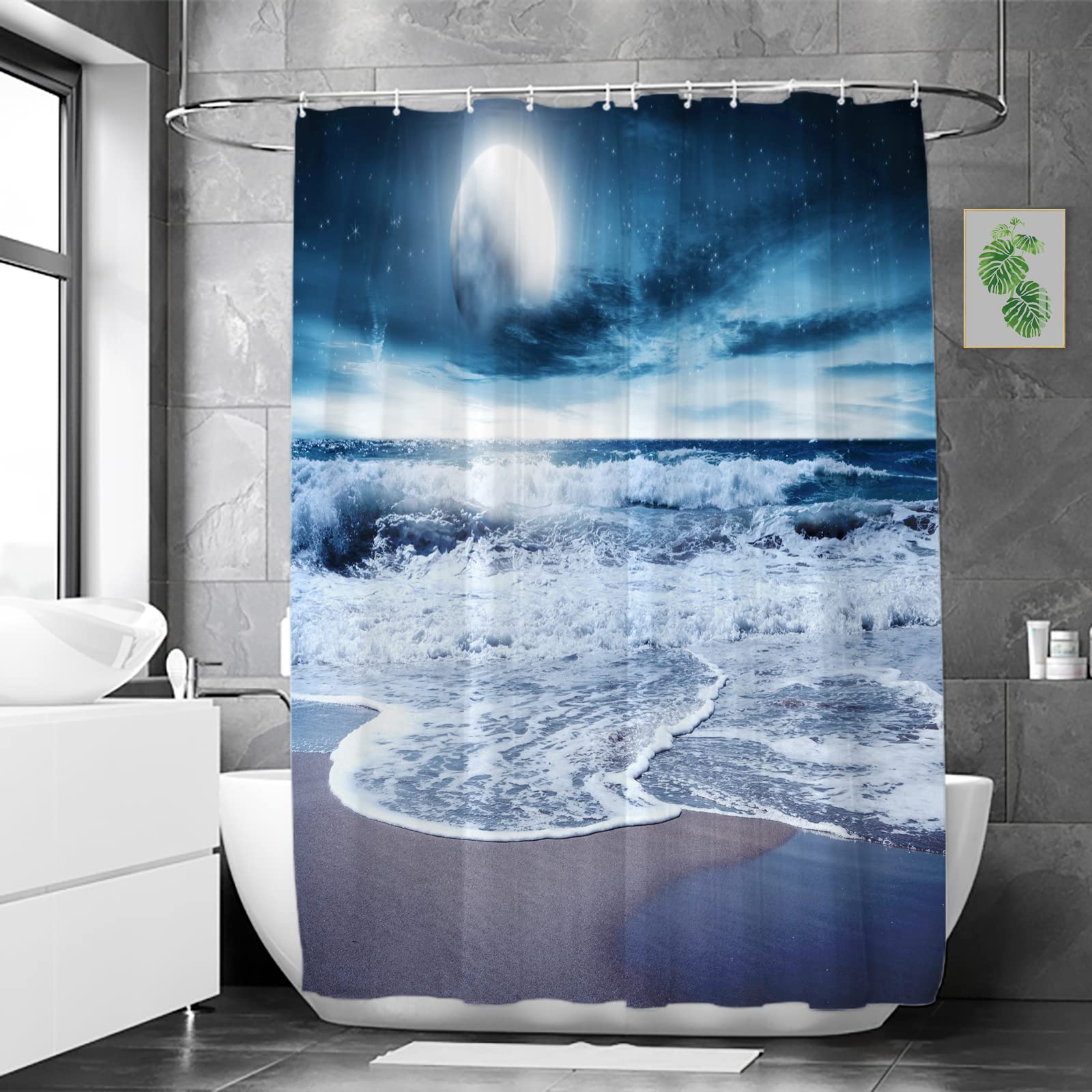 Tenda Doccia Stampa 3D Tema Mare - Blu Scuro E Bianca, 240x200 Cm, Poliestere Impermeabile E Antimuffa