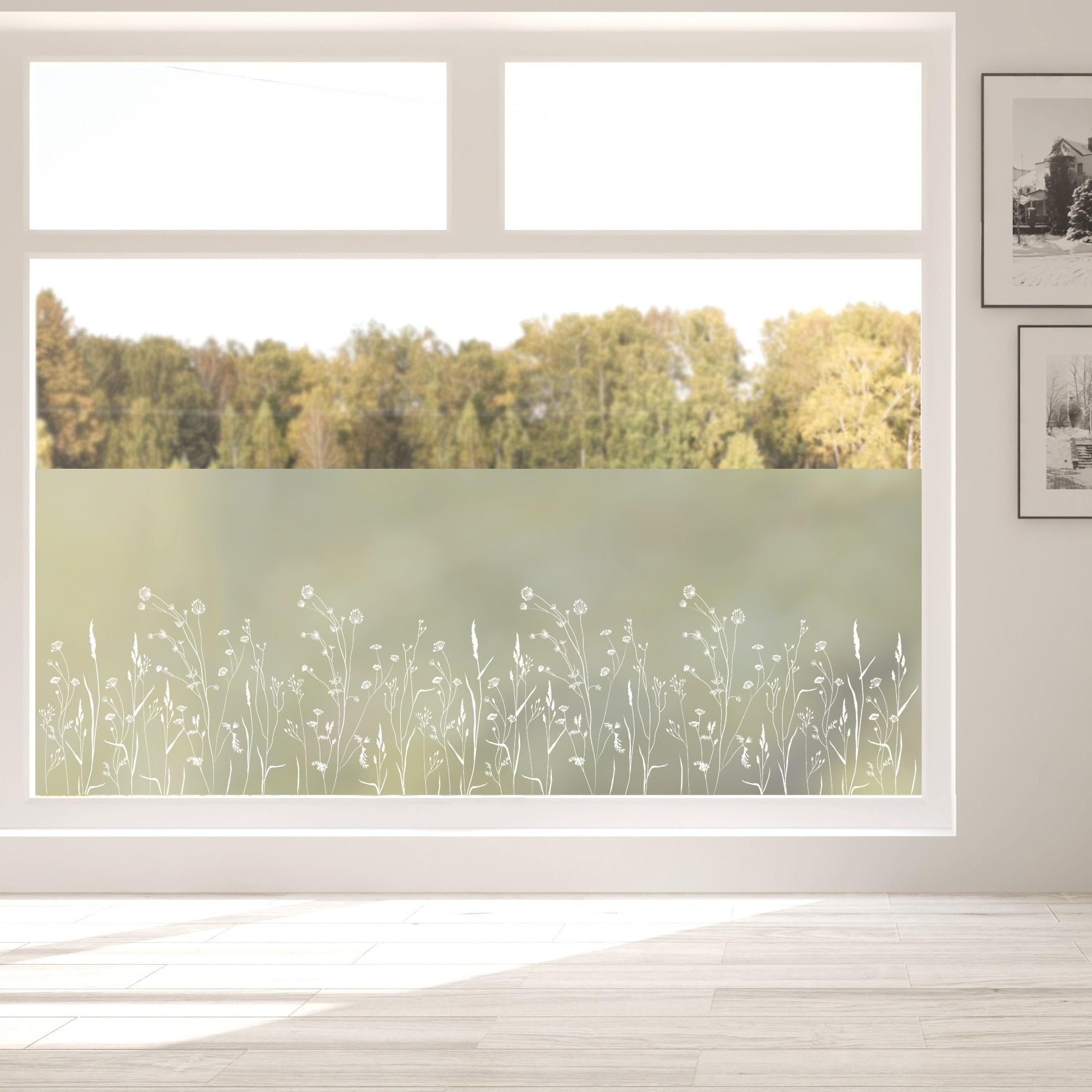 Sichtschutzfolie mit einer wilden Blumenwiese, Fensterfolie Fensterdeko Milchglasfolie, 55 cm hoch, 125 cm breit