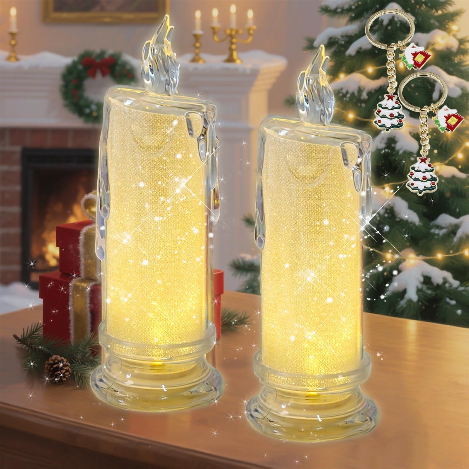 NNBWLMAEE LED Crystal Candle Lights, 2025 New Realistic Rose Shadow LED Flameless Candles, Romantic Flickering Battery Operated Candles, for Valentines Anniversary Wedding Christmas Decorations (2C)
