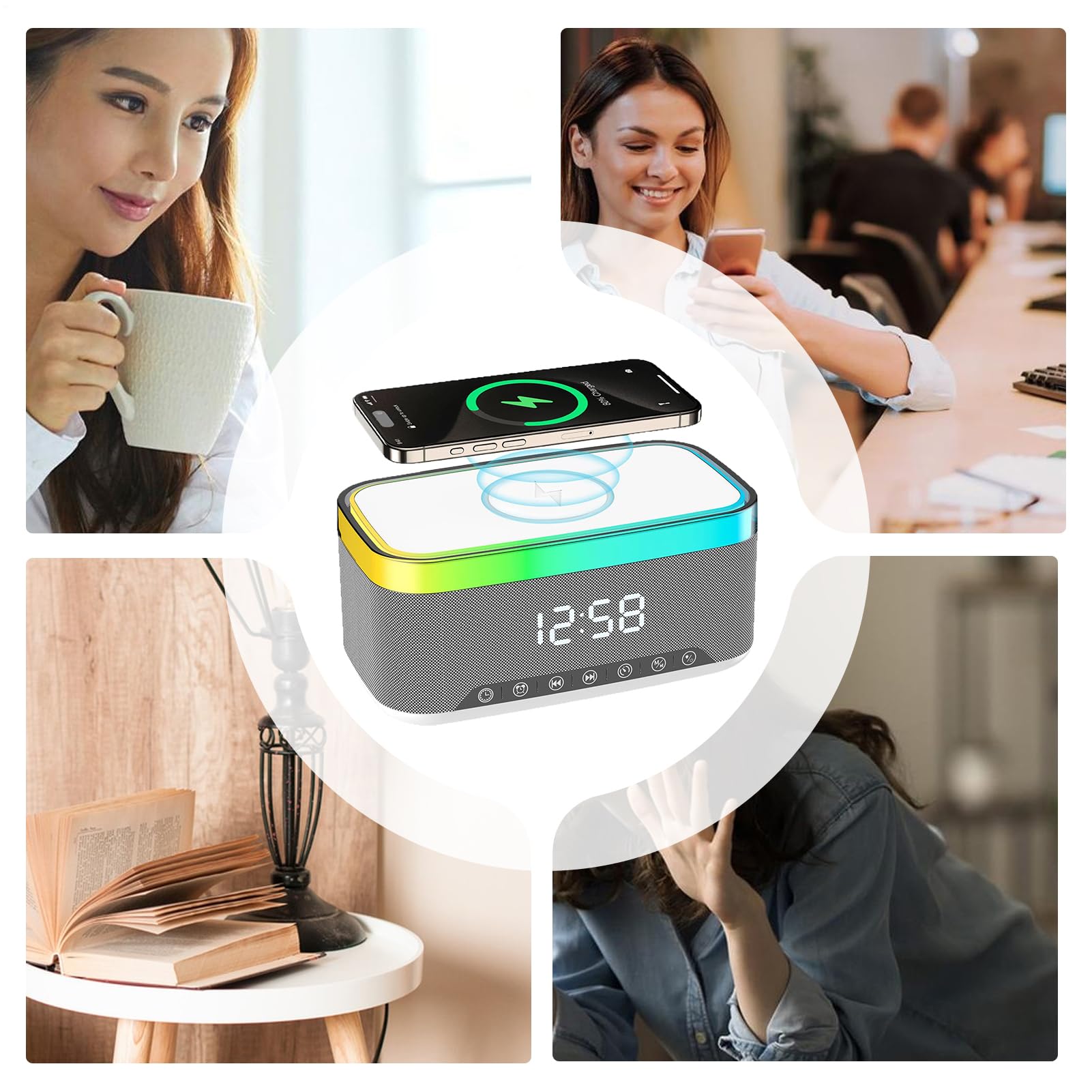 Sveglia con Ricarica Wireless Lampada con Altoparlante Digitale | Sveglia con Ricarica Wireless e Rumore Bianco Per Uso da Comodino Notturno Interni Casa Sonno Postazione di Lavoro Scrivania