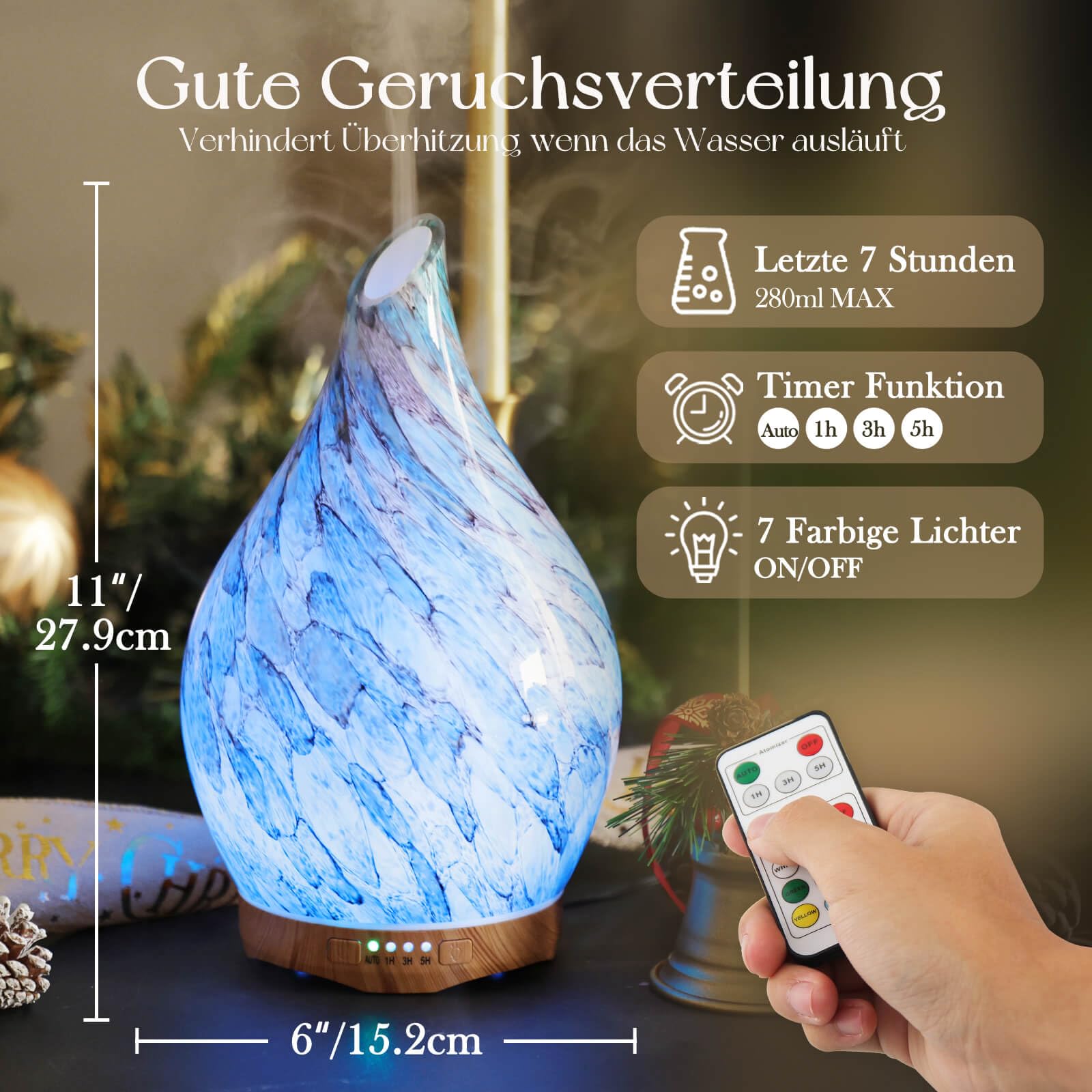 Porseme Aroma Diffuser 280ml, Handgeblasen Glas Luftbefeuchter, Ultraschall Aromatherapie Öle Diffusor mit 7 farbigem LED Licht, Diffusor für Ätherische Öle mit Fernbedienung für Wohnung (Blue)