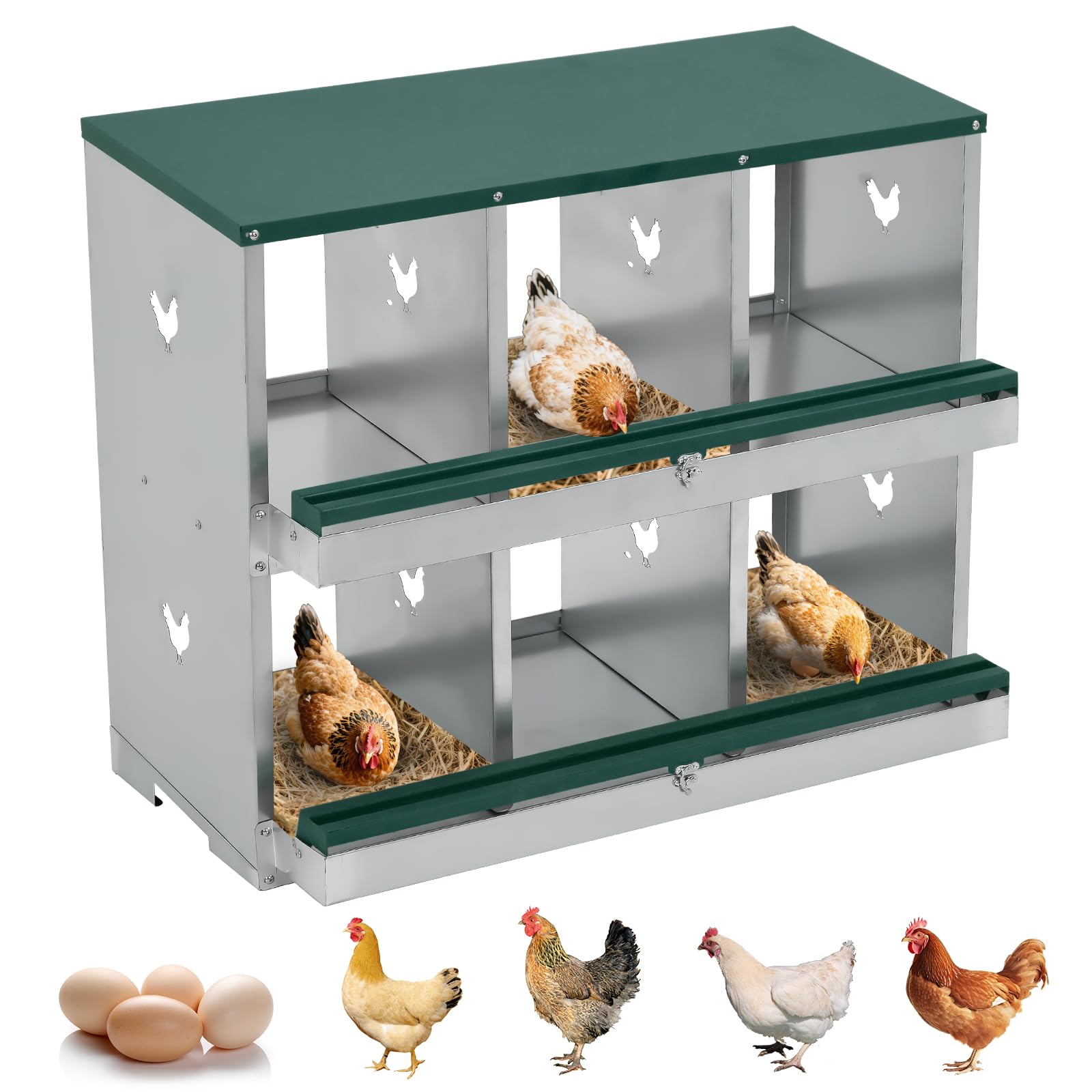 GarveeHome Nido Per Galline in Metallo Robusto a 2 Livelli Con 6 Ampi Scomparti Ventilati, Vassoio Estraibile Per La Raccolta Delle Uova, Facile Pulizia, Sicuro Per Galline e Anatre