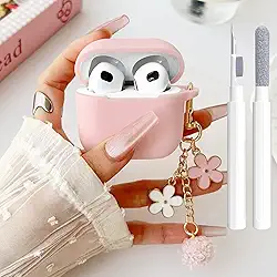 OTOPO Capa Rosa para AirPods 3ª Geração, Capinha Protetora de Silicone Macio com Suporte para Carregamento com Fio/Sem Fio, Kit de Limpeza e Chaveiro Floral, Ideal para Uso Pessoal