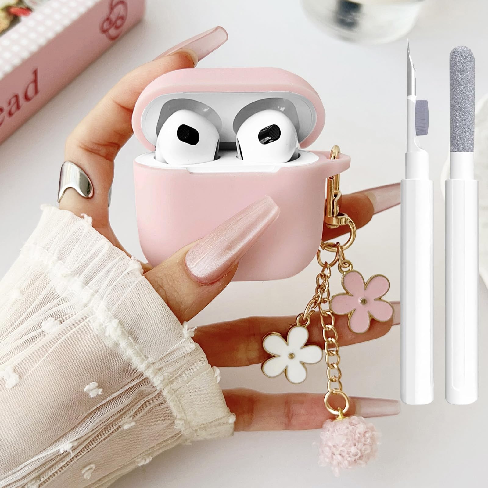 OTOPO Cute Pink Case for Airpods 3rd Generation Cover for Girl Women with Pom pom Flower Keychain & Cleaner Kit, Soft Silicone Protective Skin for