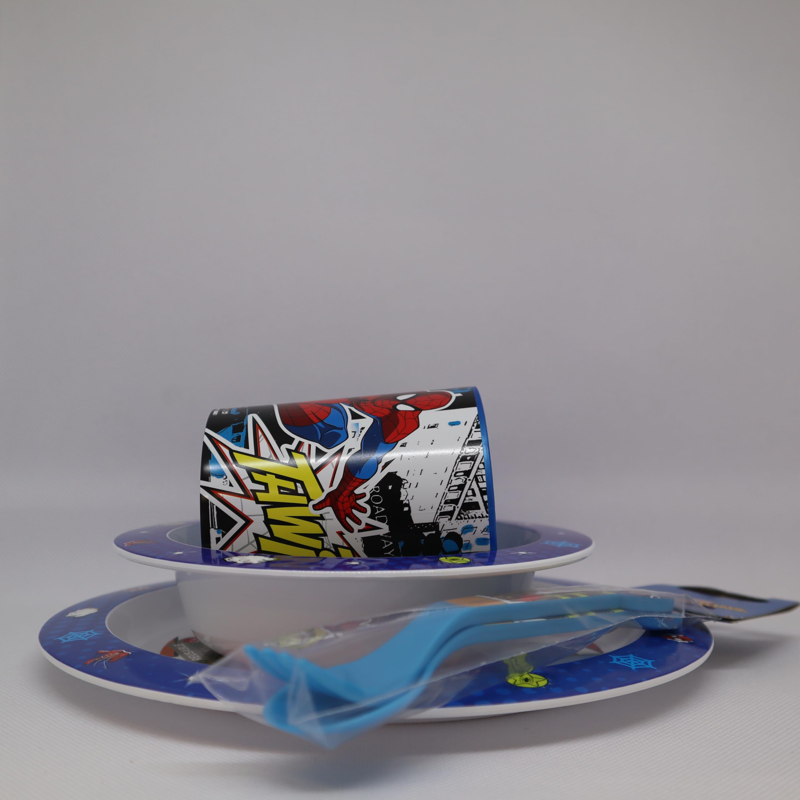 Set Piatti Bambini, Set pappa, Stoviglie bambini riutilizzabile per asilo, scoula, piatto, ciotola, posate, tazza 350ml, Set piatti in plastica dura, Spiderman