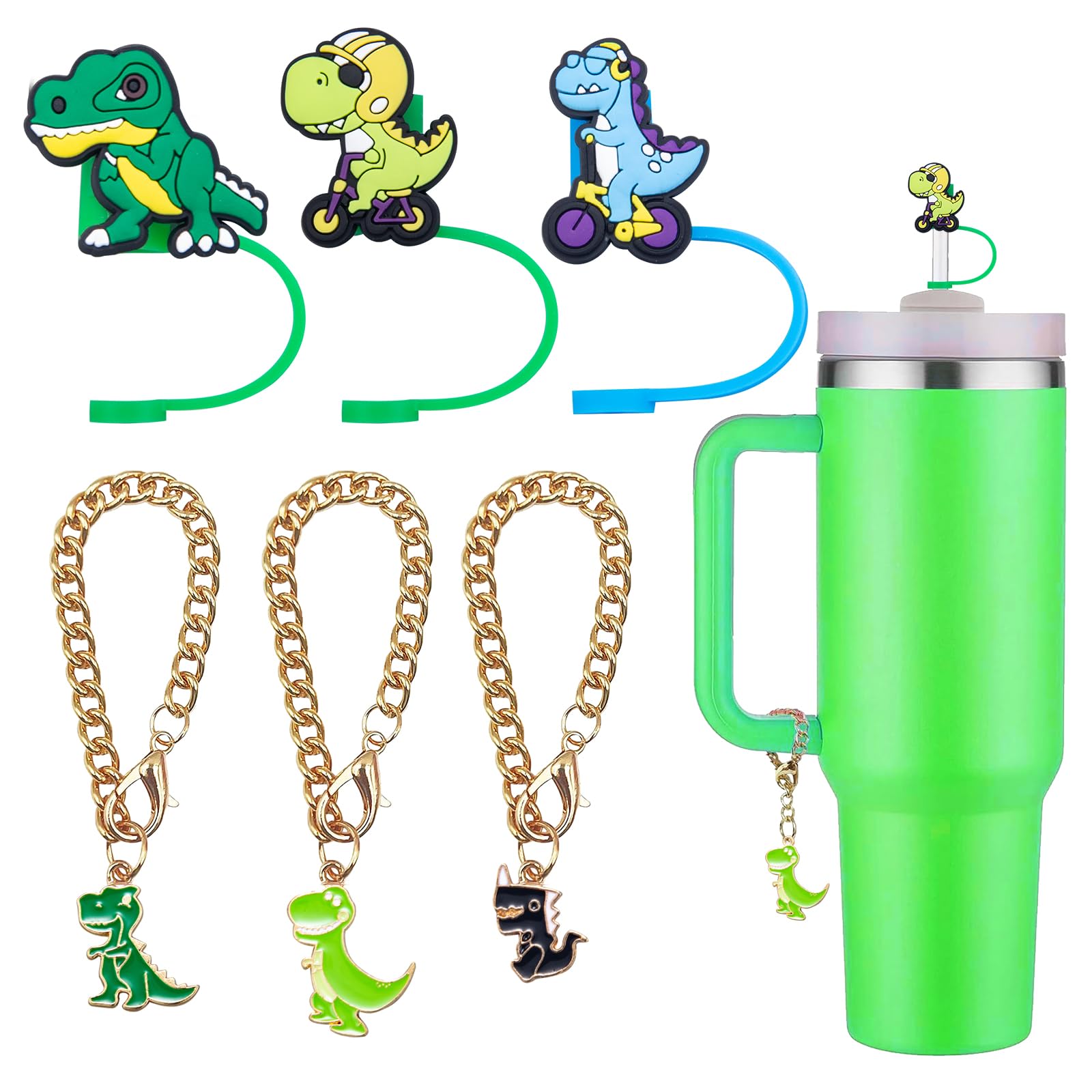 Dinosaur Straw Cover Cap, Compatible with Stanley Cup Accessories, Dinosaur Straw Topper 8mm for Stanley Cups (3 Caps + 3 Chains)